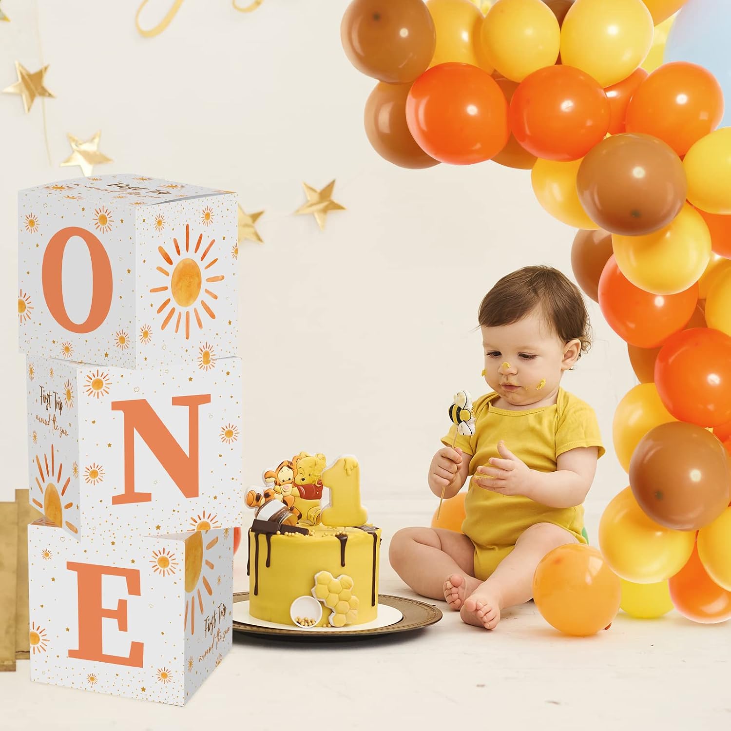 Hydren 33 Pcs First Trip Around the Sun Birthday Decorations for Boy Girl, One Balloon Boxes and Latex Balloons for 1st Birthday, Cake Smash Backdrop Baby Shower Photo Prop Supply