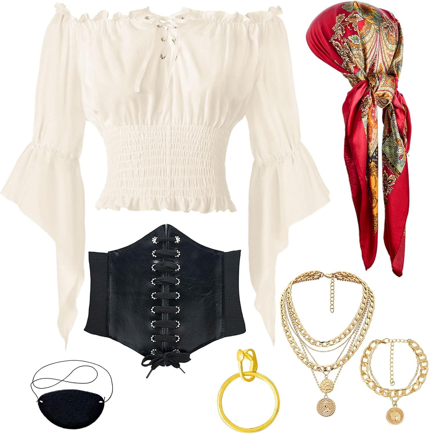 Pirate Costume Women Outfit With pirate top women renaissance Corset Headscarf Accessories 7 Pcs Beige Large