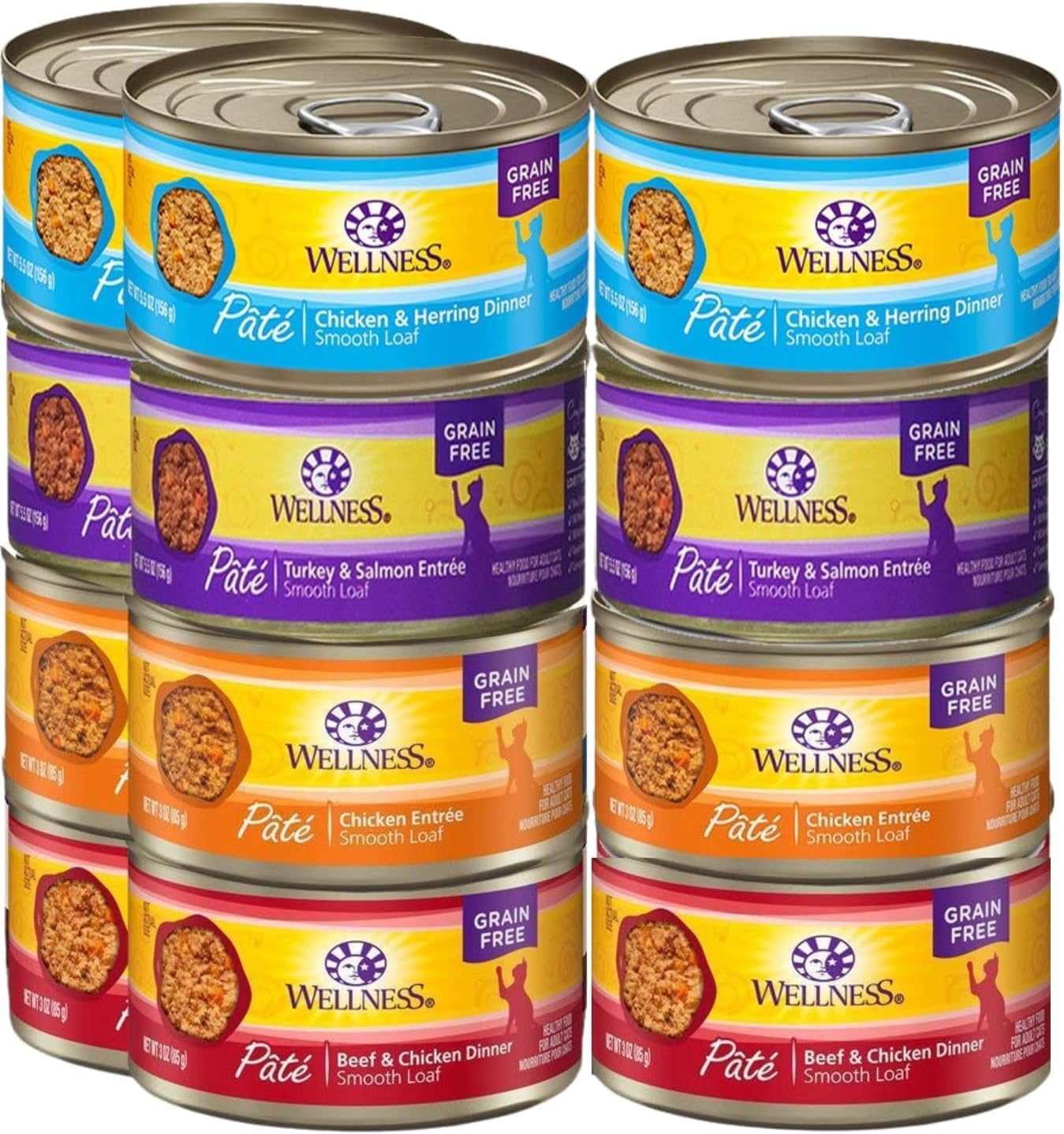 Wellness Natural Premium Canned Cat Wet Food Pate - 12 Pack Cans Variety Bundle Pack 4 Flavor - (Chicken,Beef, Salmon & Turkey) W/HS Pet Food Bowl - (5 Oz Cans)
