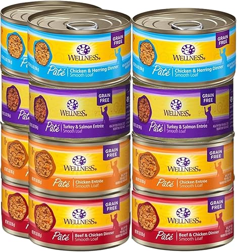 Wellness Natural Premium - Paté de comida húmeda enlatada para gatos, paquete de 12 latas, paquete variado de 4 sabores (pollo, carne de res, salmón