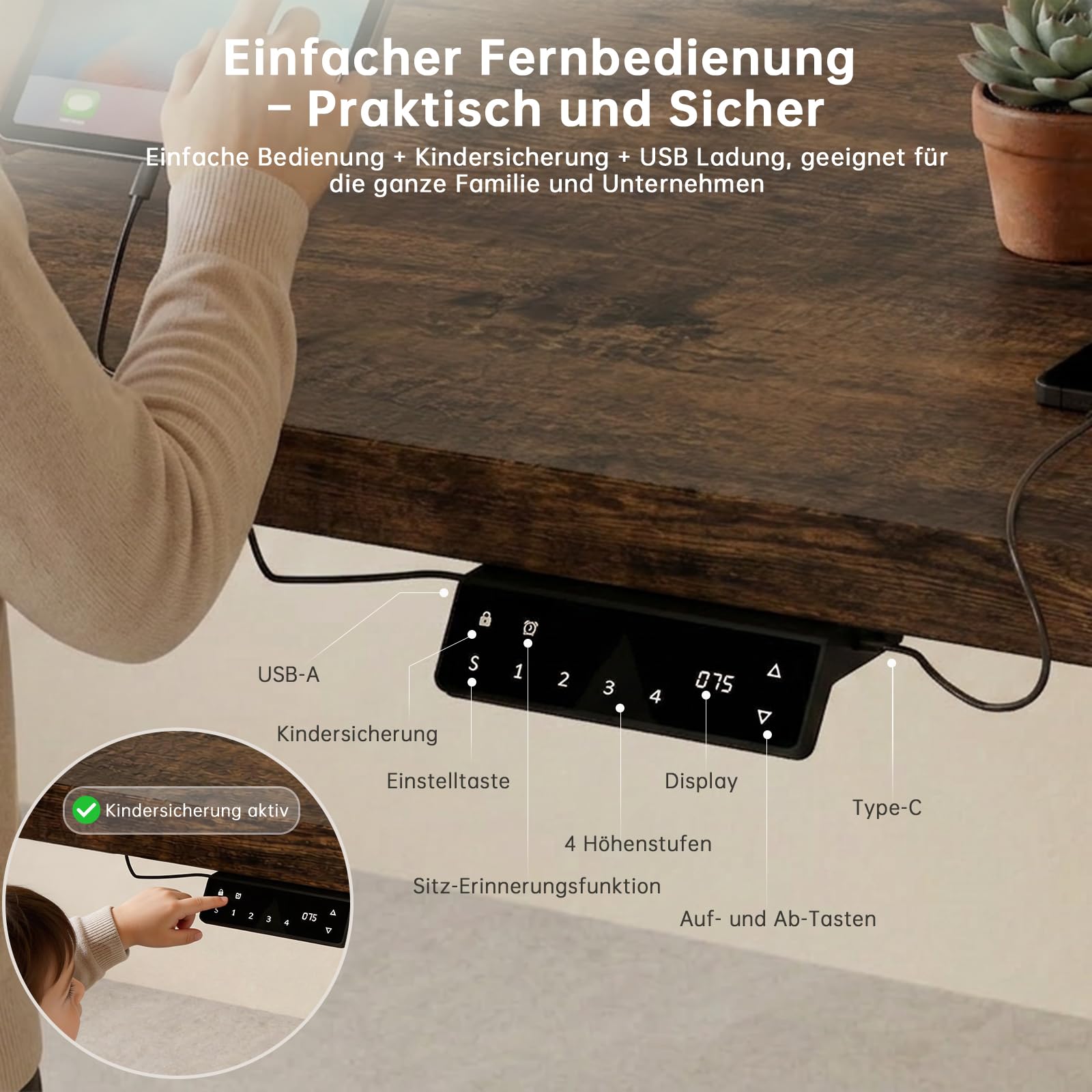 Devoko Höhenverstellbarer Schreibtisch mit 2 Motoren，25mm Einteilige Tischplatte, 160x80 cm Elektrisch Computertisch mit Kabel Management, Vintagebraun - Perfekte Ergonomie für Dein Büro
