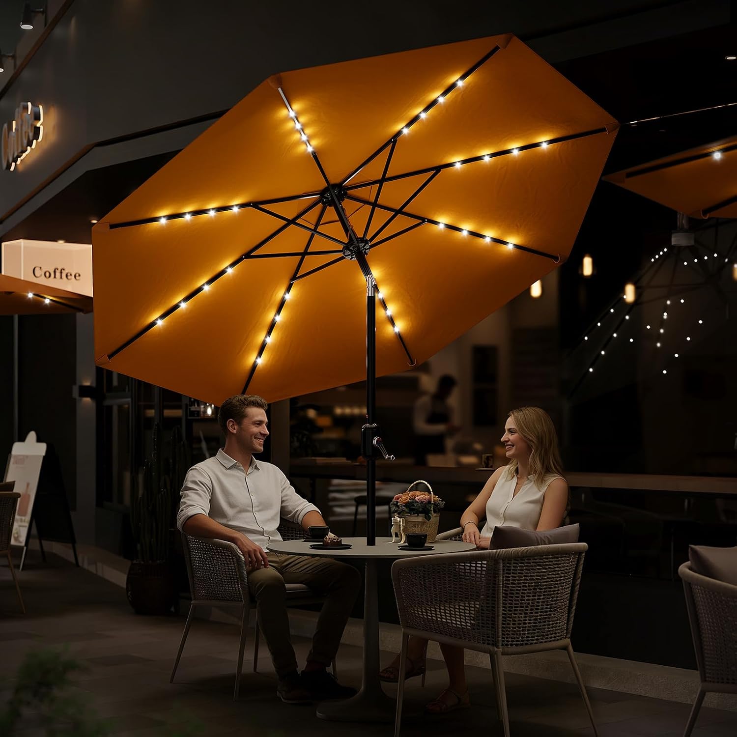 GarveeLife Patio Umbrella with Solar Lights, Outdoor Table Umbrella with 8 Durable Ribs, Tilt & Crank Mechanism, Water & UV Protection Sun Shade Umbrella for Garden, Poolside, Backyard (Yellow, 9 FT)