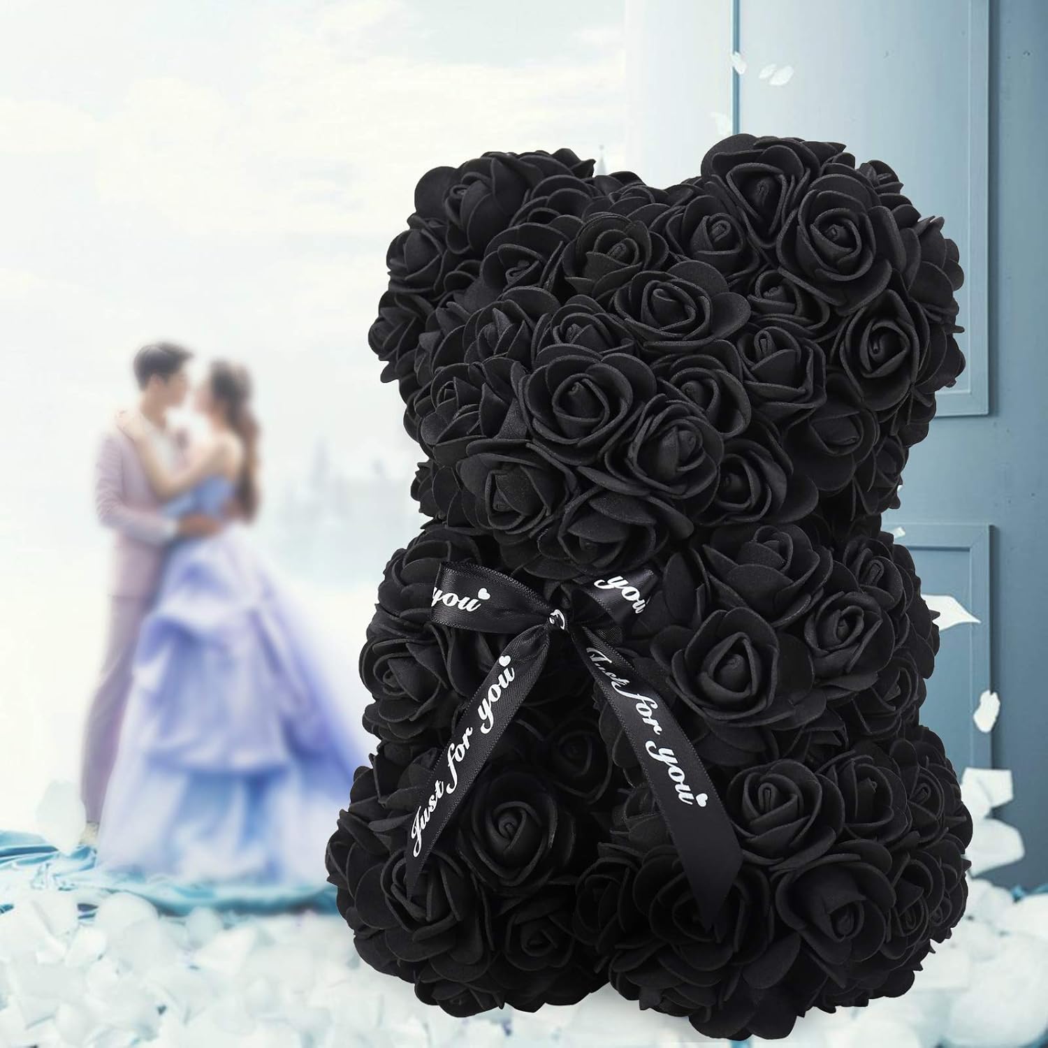 LINKLO Rose Bear Rose Teddy Bear -10 inch Artificial Rose Flower Bear, Gift for Wedding, Mothers Day and Anniversary, Including Transparent Gift Box (Black) - Image 5