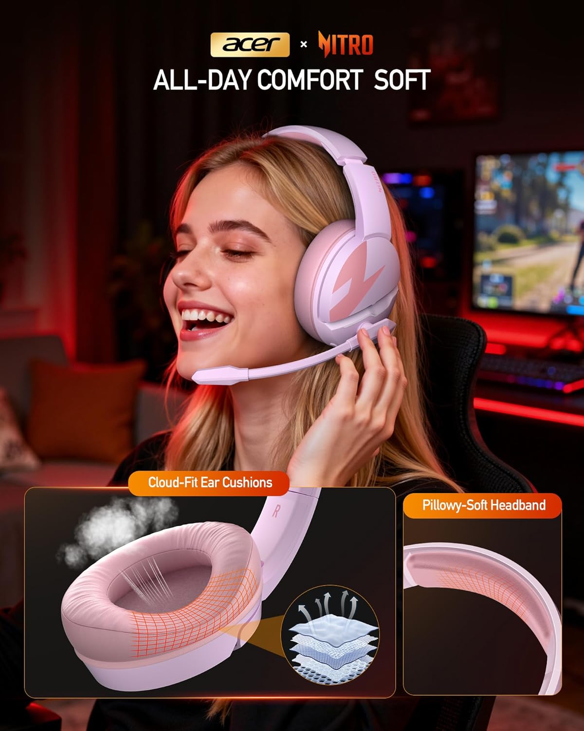 acer Wireless Gaming Headset, PS5 Headset with 2.4GHz for Ps5, Ps4, PC, Switch, Bluetooth 5.3 + 100Hrs Gaming Headphones with Noise Canceling Mic for Laptop, Mobile, Mac, 50mm Drivers (Pink) - Image 6