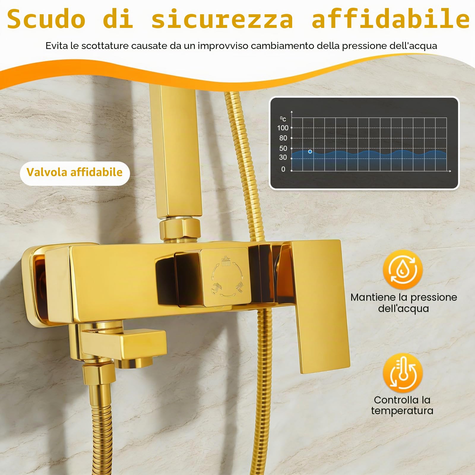 Sistema doccia in acciaio inossidabile - Doccia effetto pioggia - Con doccetta dorata - Colonna doccia regolabile in altezza - Per casa e hotel