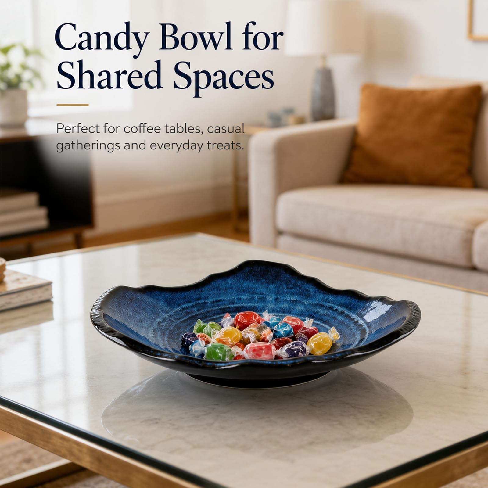 Bol décoratif en céramique bleu de 30,5 cm, bol à fruits, plat à bonbons, bol à clés pour table d'entrée, plat à bijoux, plateau à bijoux, fourre-tout en porcelaine pour comptoir de cuisine, table de