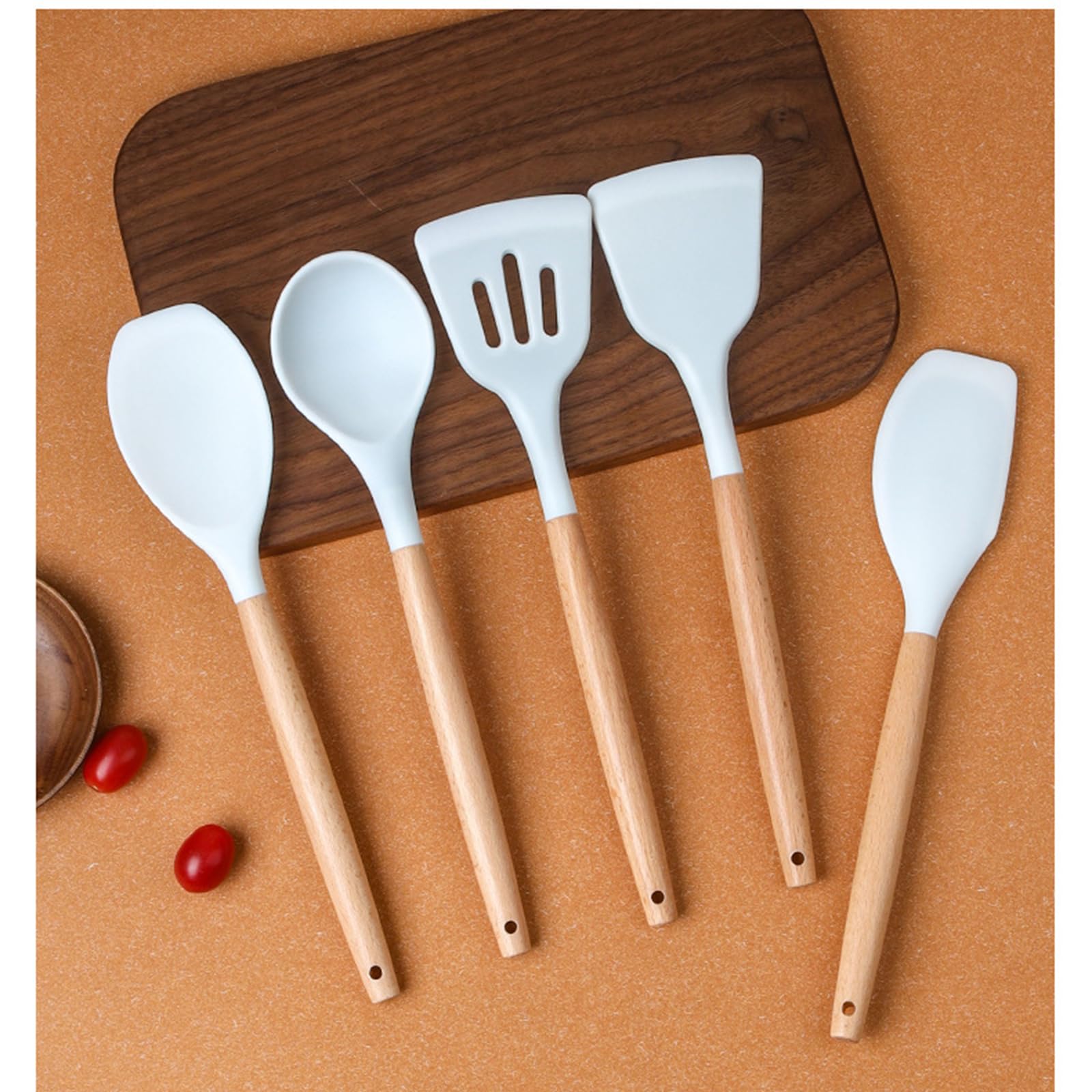 Küchenhelfer Set Aus Silikon, 12 Teiliges Küchenutensilien, Hitzebeständig, Antihaftbeschichtet, Hitzebeständiger Kochgeschirr Mit Utensilienhalter,mit Holzgriff Für BPA-freie Utensilien