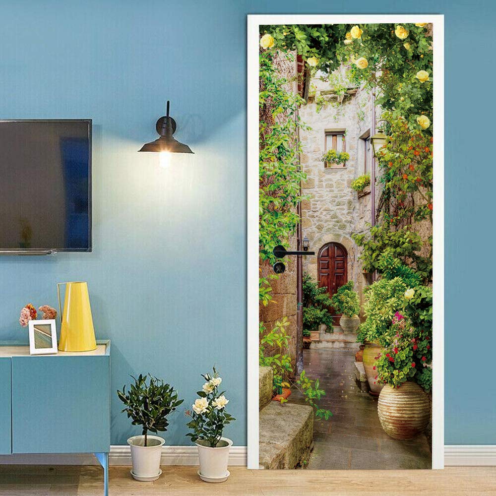 Sticker porte imperméable et amovible effet paysage de ville fleurie 88x200cm