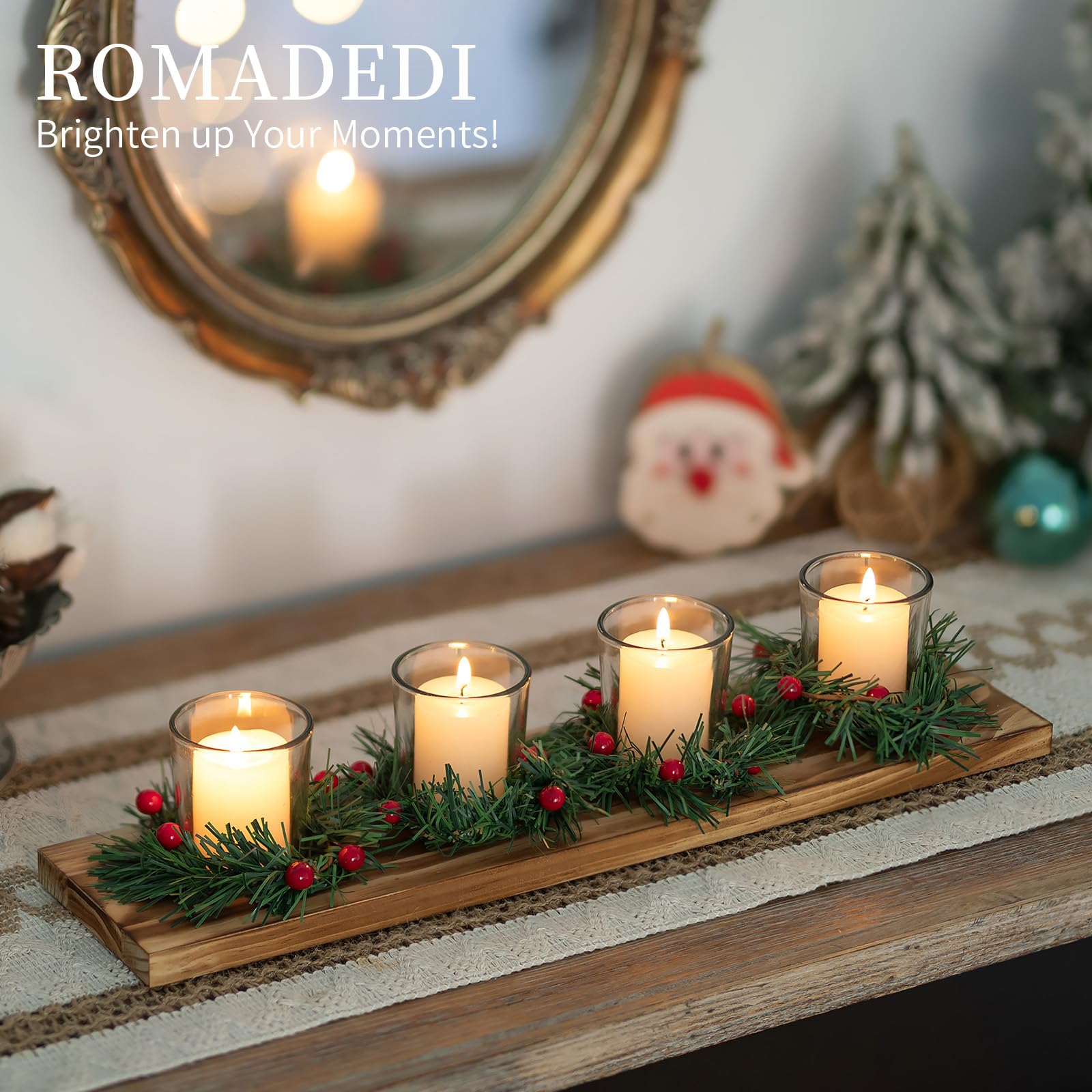 Romadedi Bougeoir de Noël pour centre de table - Décoration rustique - 4 photophores avec mini couronnes de Noël - Plateau en bois pour table de dîner d'hiver - Cadeau de 41 cm