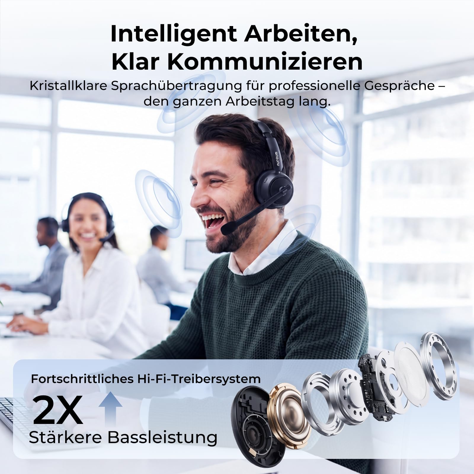 Nuroum HP31D 2026 Bluetooth Headset mit Mikrofon Wireless, KI Rauschunterdrückung für Anrufe,45 Std. Akku, Kabelloses Headset mit Ladestation&USB Dongle&Mute,Bluetooth Headset für PC/Laptop/Büro/Teams