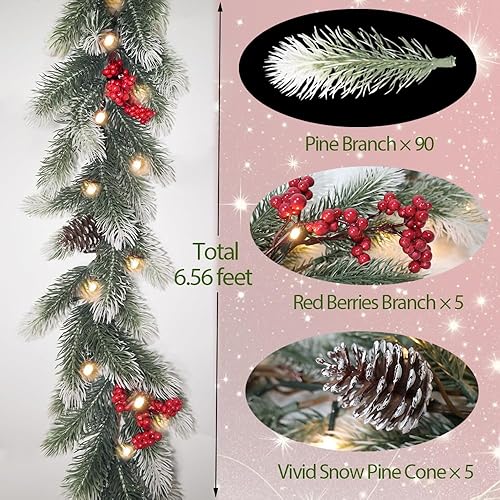 Miniatura 2 de Guirnalda de luces de Navidad de 6.56 pies, 40 luces LED de pino de cedro verde para árbol de Navidad, invierno, guirnalda de pino nevado,