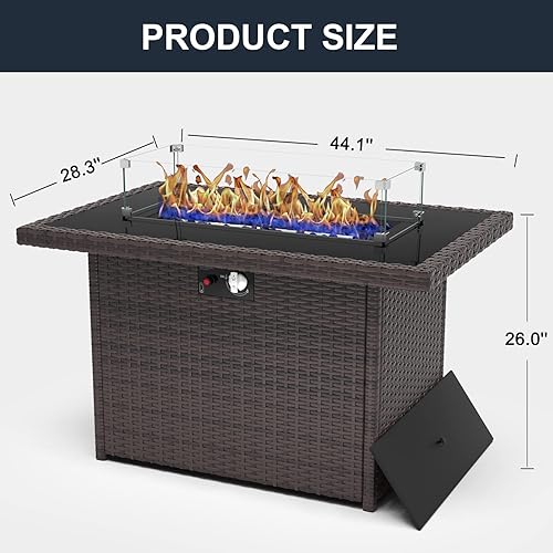 Miniatura 7 de KHOLH Mesa de fogata de gas propano de 44 pulgadas para patio exterior, 60000 BTU rectangular de mimbre al aire libre con protector de viento de
