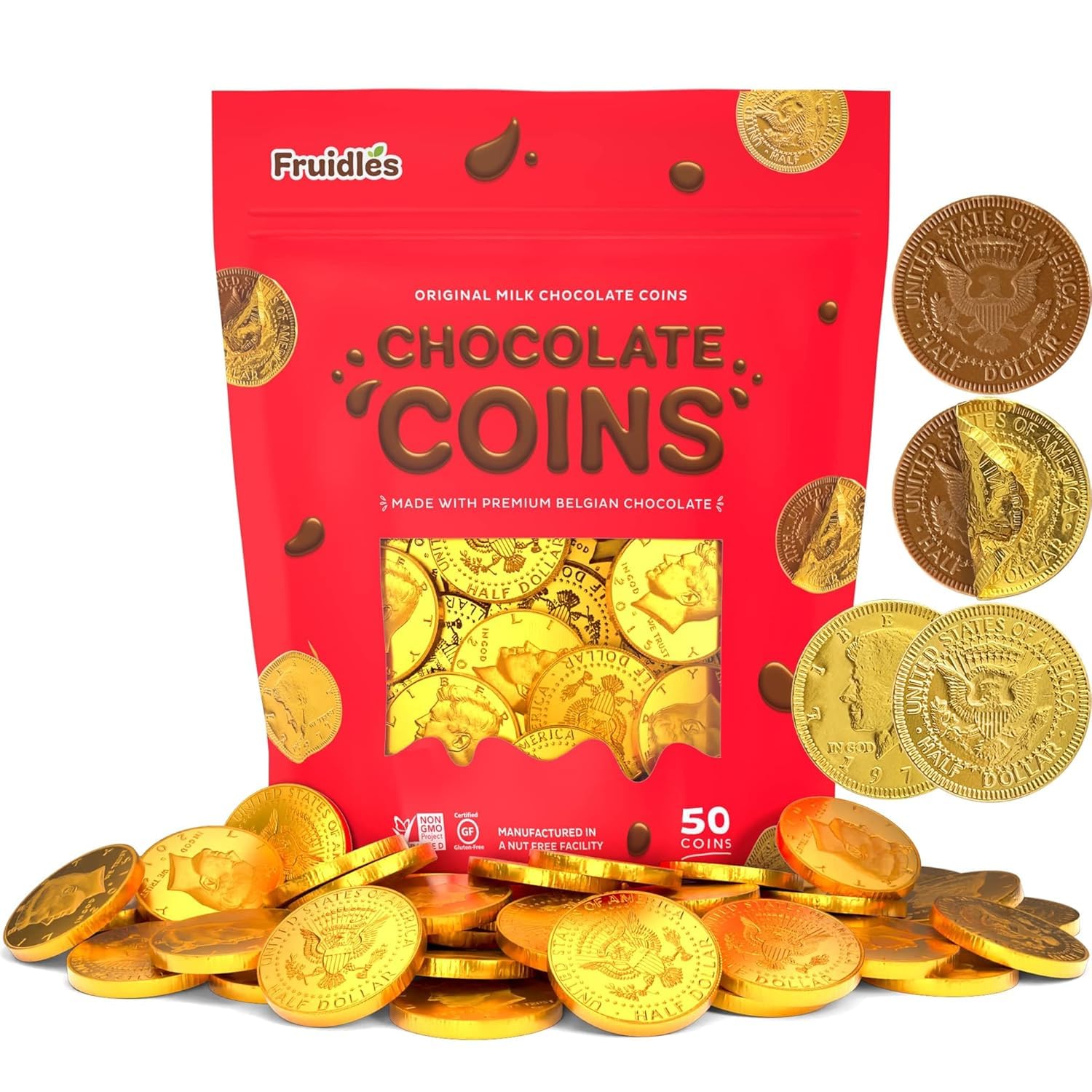 Milk Chocolate Coins, Gold Half Dollar Coins, Made with Premium Belgian Chocolate, Nut Free, Non-GMO, Kosher Dairy (50 Pack)