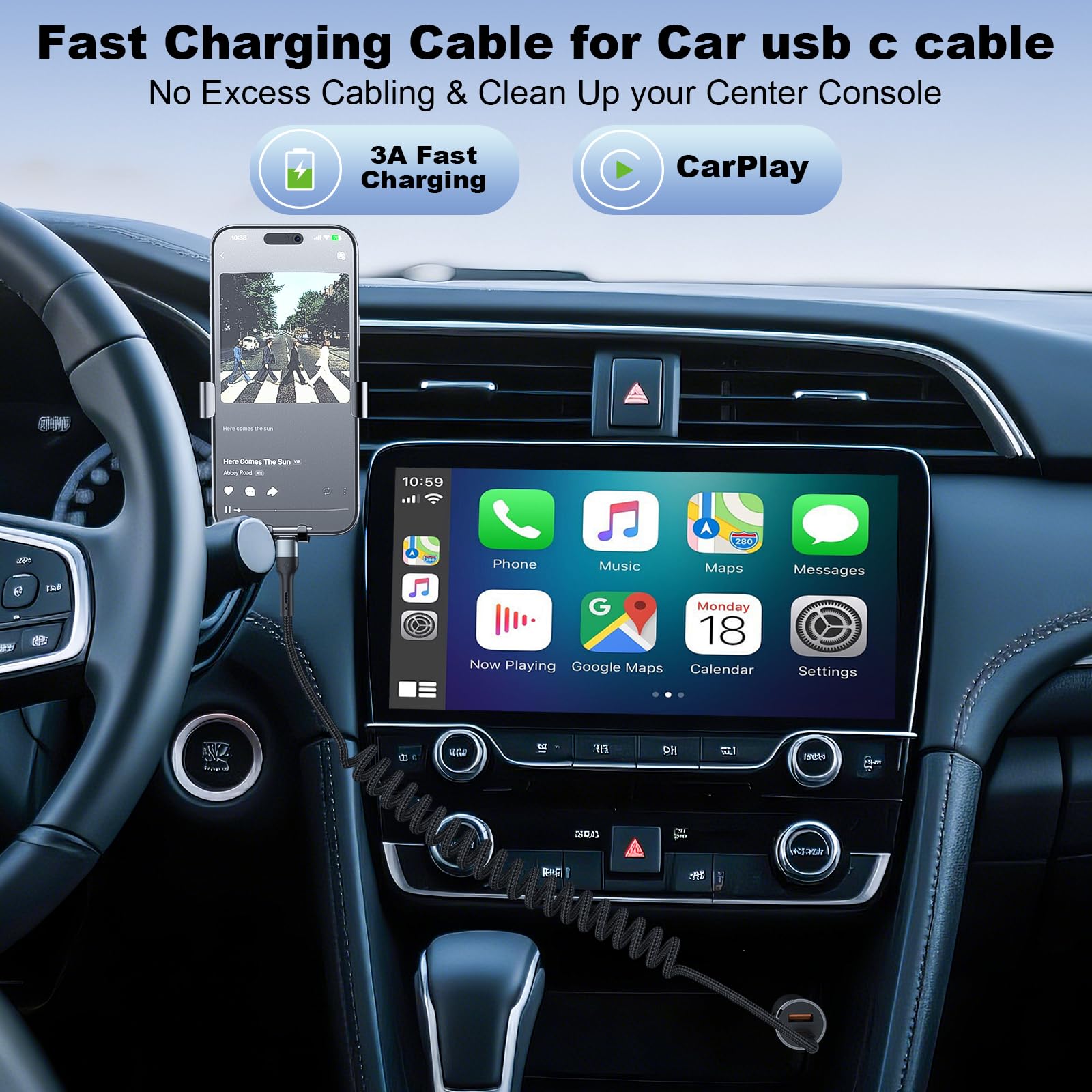 Cavo USB C a C da 0,9 m, confezione da 2 cavi di ricarica USB C a spirale per auto tipo C cavo di ricarica rapida per iPhone 17/16/15/Plus/Pro/Pro Max/Samsung Galaxy S23 cavo USBC intrecciato in nylon