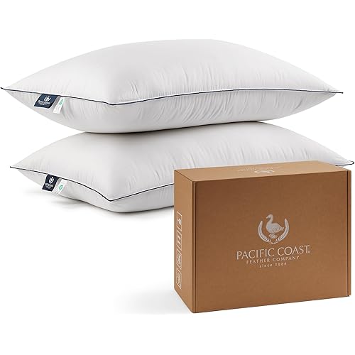 Pacific Coast Bed Pillows for Side and Back Sleepers, Feather and Down Hotel Pillows with 100% Cotton Shell, Medium Supportive, Downproof, King Size 2 Pack
