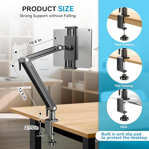 Miniatura 3 de Jakeko Soporte ajustable para tableta para escritorio, base giratoria de 360 grados, soporte de brazo alto, soporte de abrazadera flexible giratorio