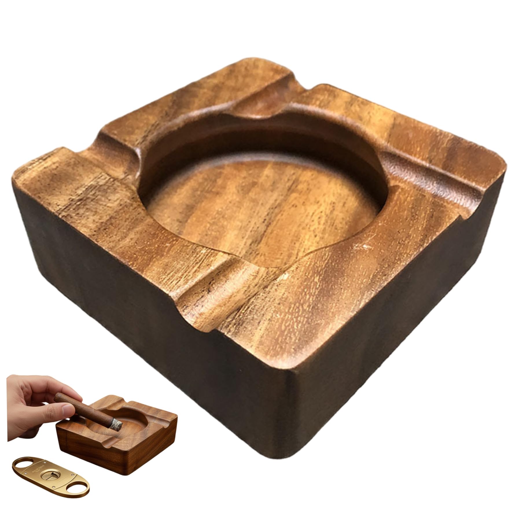 AwnsIMfreien Cigar Ash Tray, Square Wooden Cigar Ashtray Handcrafted Ash Tray with Rest Natural Wood Grain for Home, Office, Patio (5x5 Inch), Wooden Ashtray