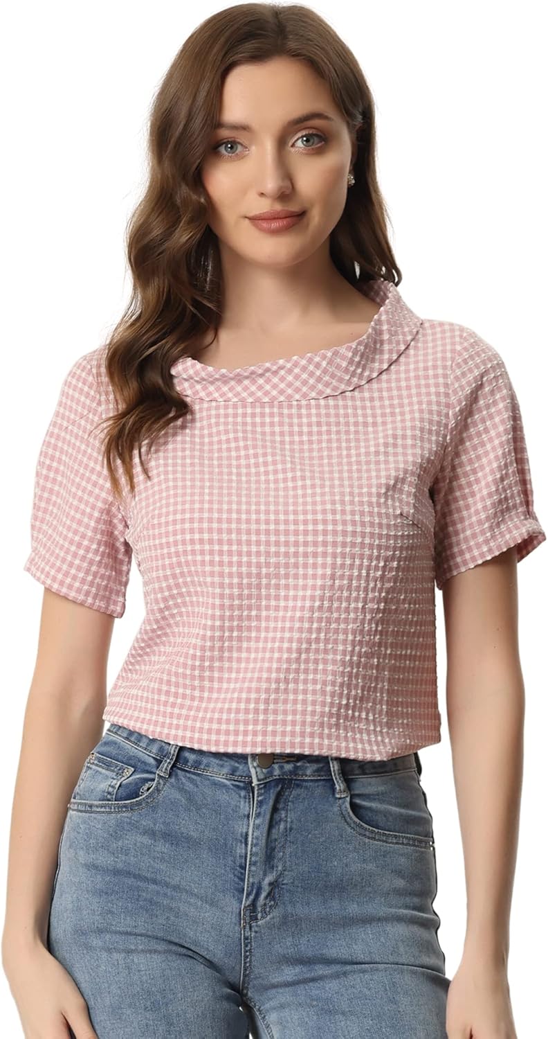 Allegra K Women's 1950s Round Collar Short Sleeve Gingham Tops