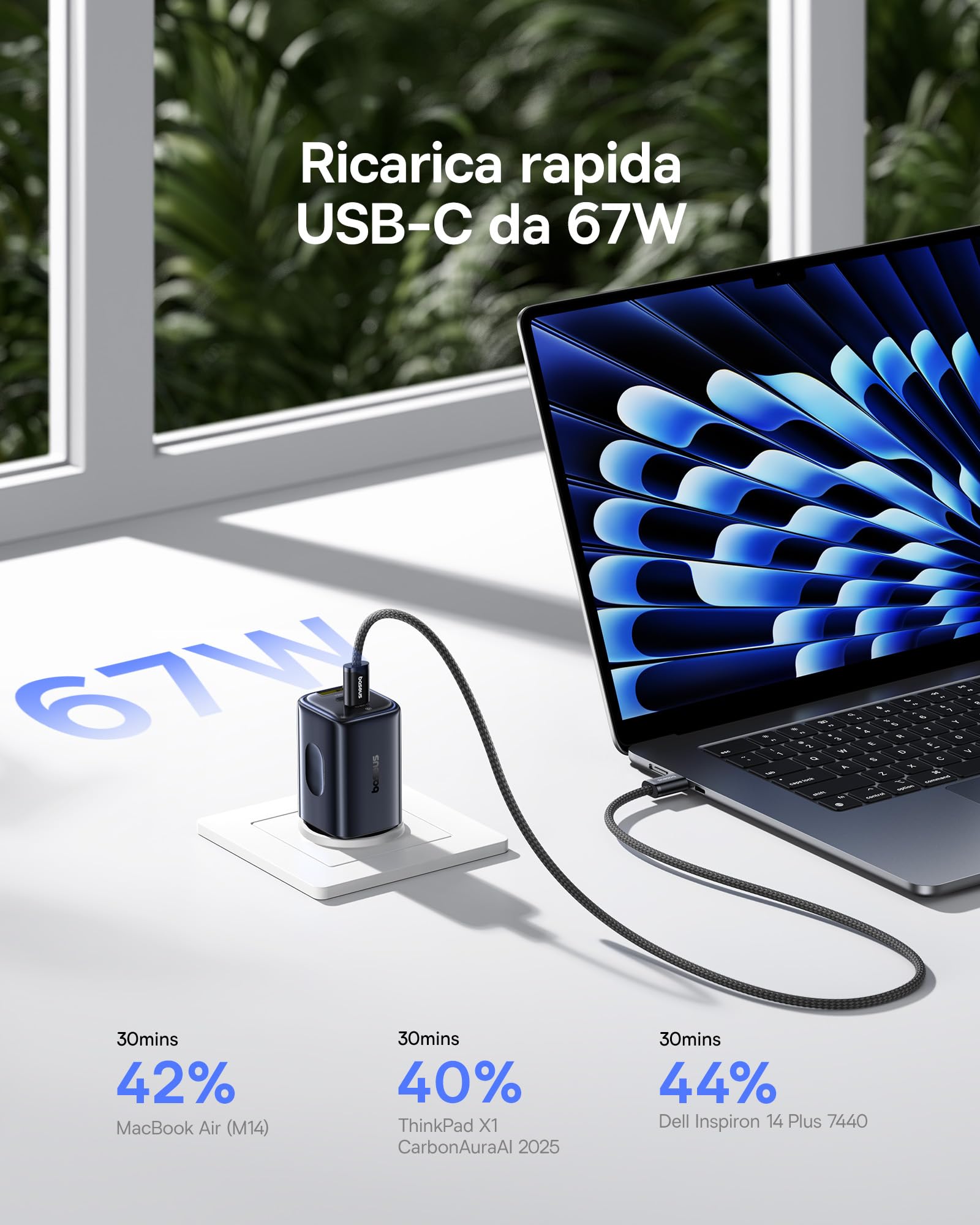 Baseus Picogo Caricatore USB C 67W Mini Alimentatore GaN 3 Porte PD PPS