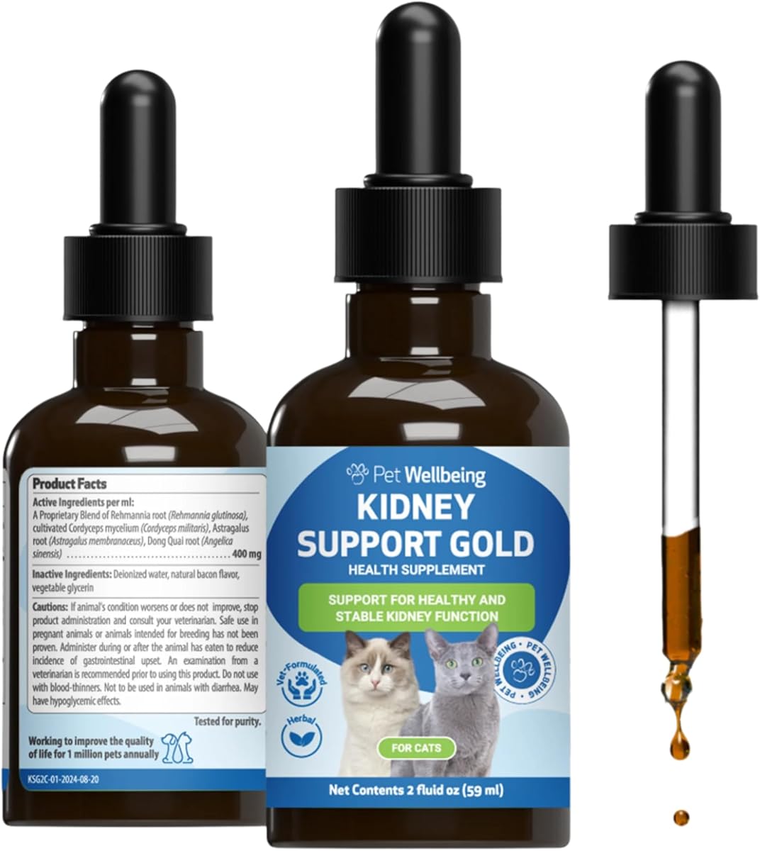 Pet Wellbeing Kidney Support Gold for Cats - Supports Normal Kidney Function & Detox, Healthy Hydration & Energy with Rehmannia & Dong Quai - NASC Certified & Vet-Formulated - 2oz Liquid Formula