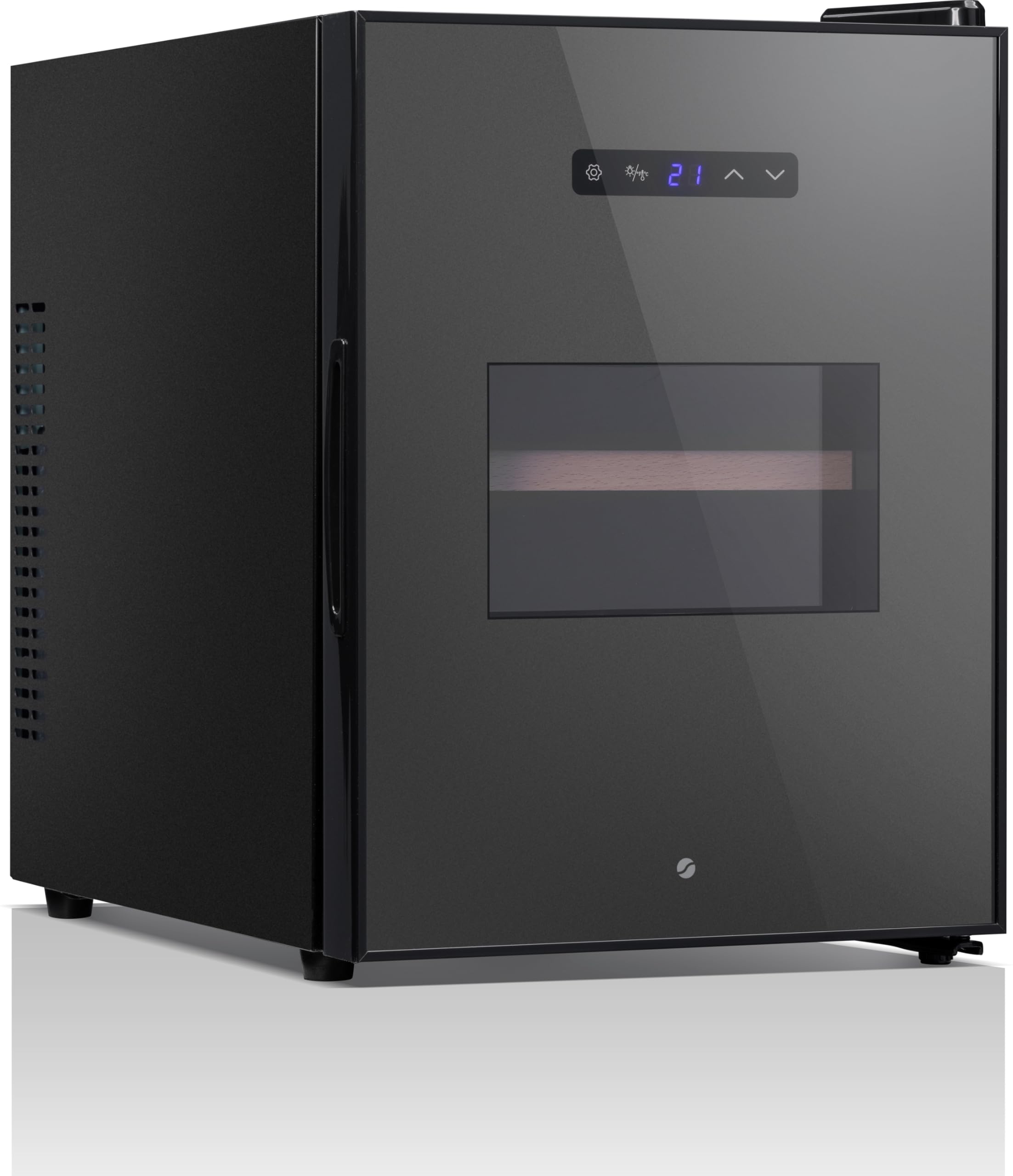 Ströme BCW-34A/02 Wine Cooler with door open, showing bottles on wooden shelves and LED light