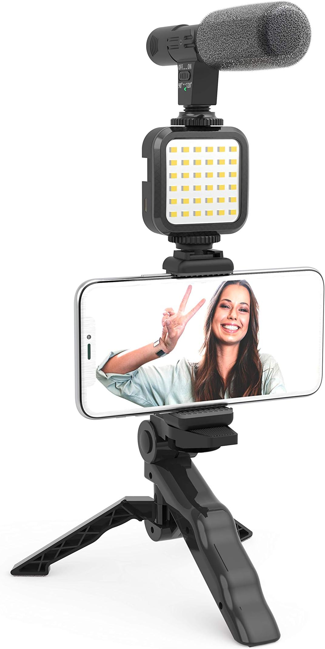 DigiPower Vlogging"Like Me" LED Video Light + Microphone + Mobile Phone Holder + Hand Grip/Mini Tripod Compatible with Smartphones for TikTok, Youtube, Live Streaming and Meetings