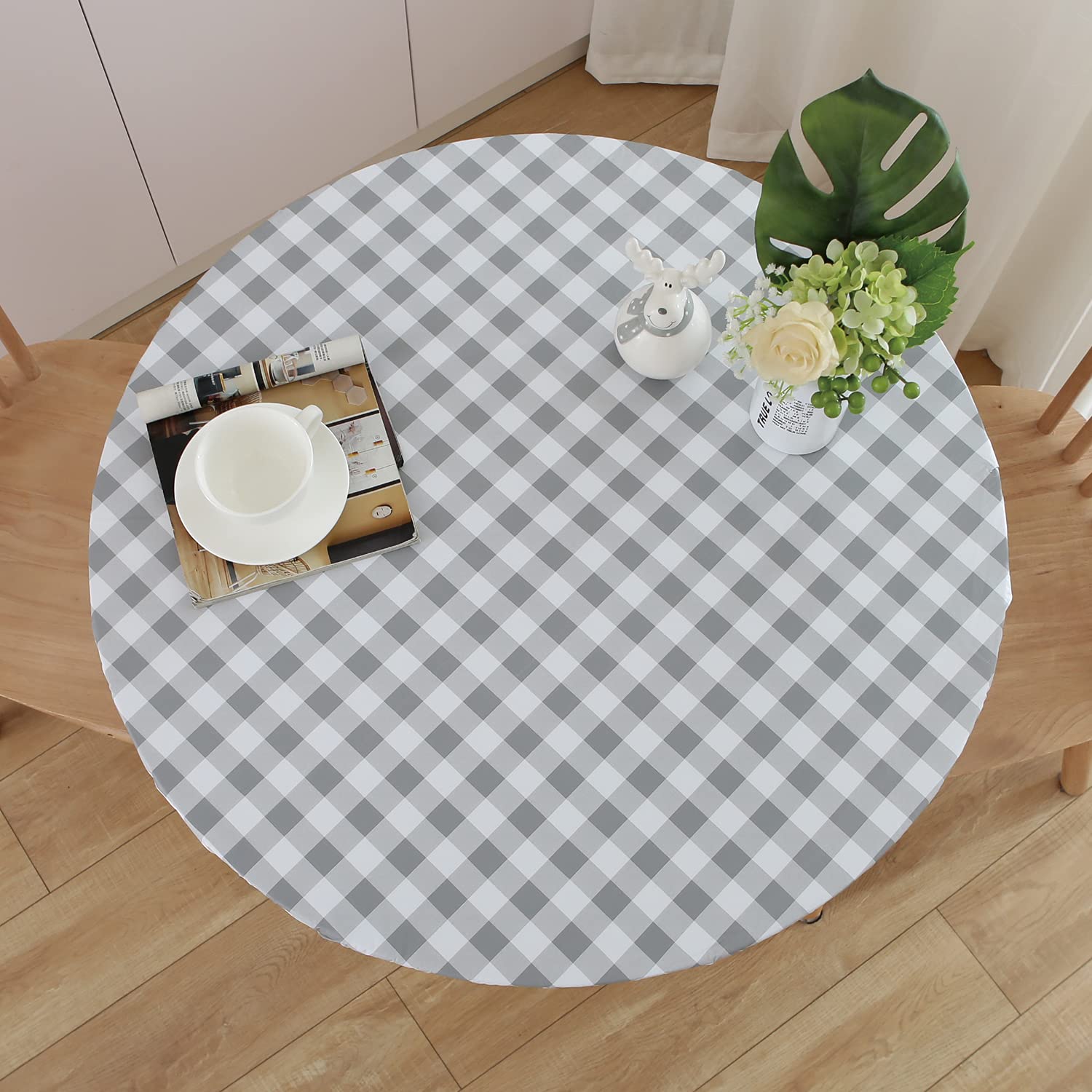 NLMUVW Round Fitted Vinyl Tablecloth with Elastic Edge 100% Waterproof Oil Proof PVC Table Cloth Wipe Clean Table Cover for Indoor and Outdoor, Grey Check, 40"- 44" โ image 1