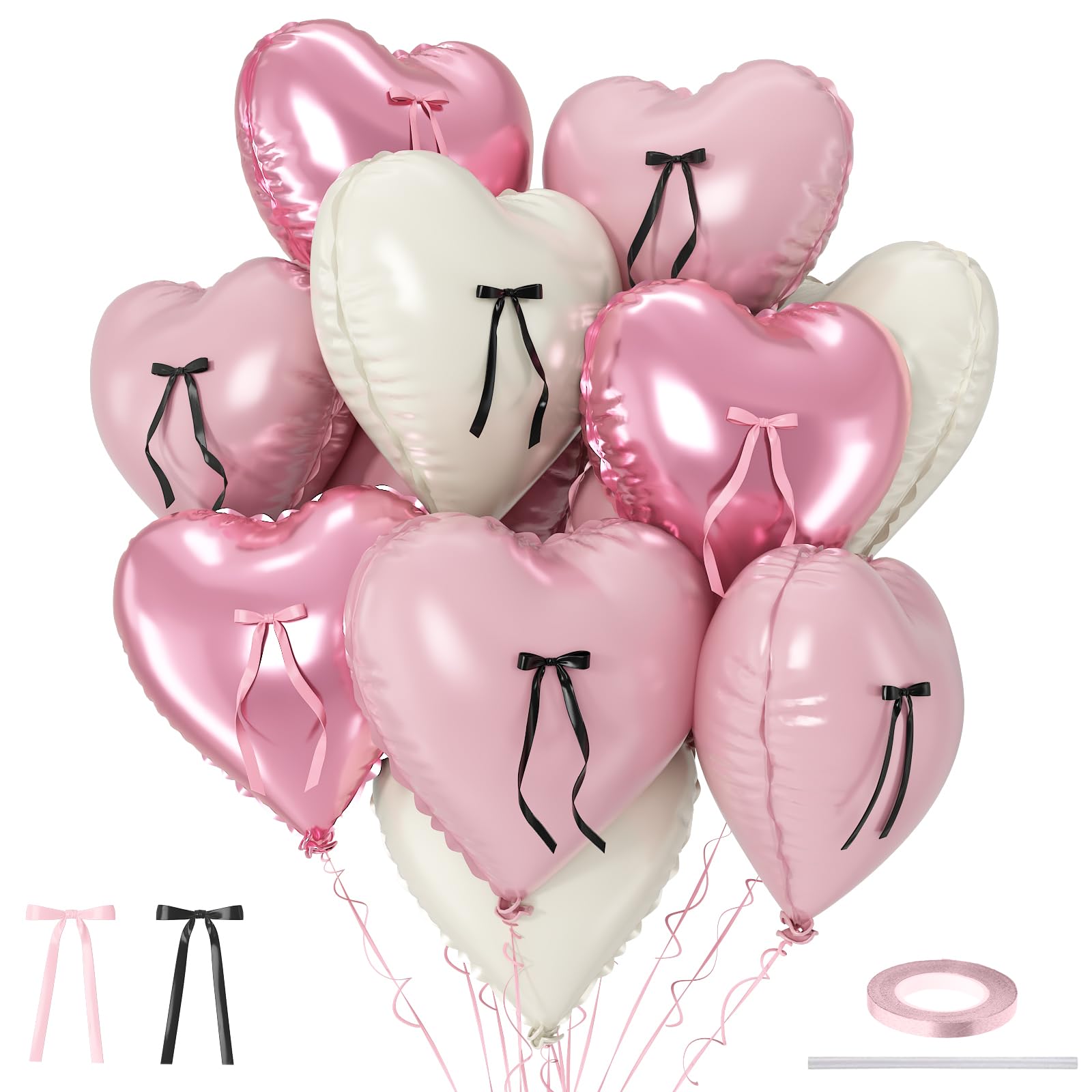 Pink White Heart Balloons with Ribbon Bow, 12 Pcs Pastel Baby Pink Cream Heart Shape Foil Balloon, 18 Inch Helium Balloon with Bow Decor for Girls Birthday Baby Shower Bridal Wedding Coquette Party โ image 1