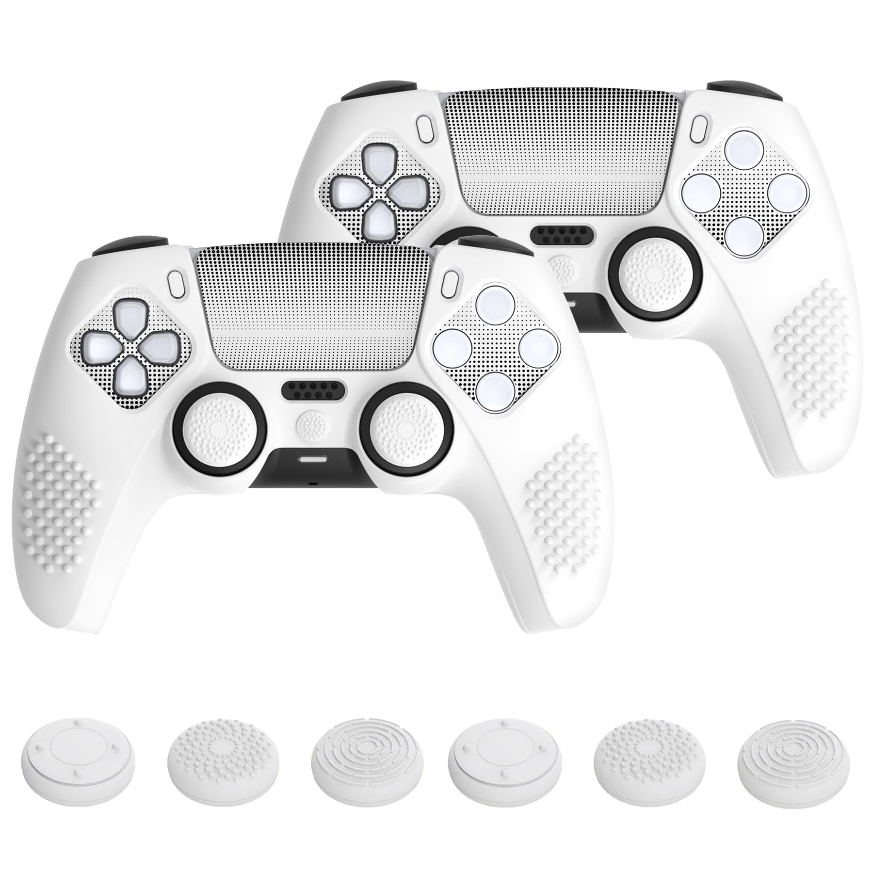 PlayVital 2 Piezas Funda de Silicona Actualizada para ps5 Mando - Carcasa Ergonómica con Tapas de Joysitck & Pegatinas, Cubierta Protectora Compatible con Base de Carga Oficial (3D Tachonado-Blanco)