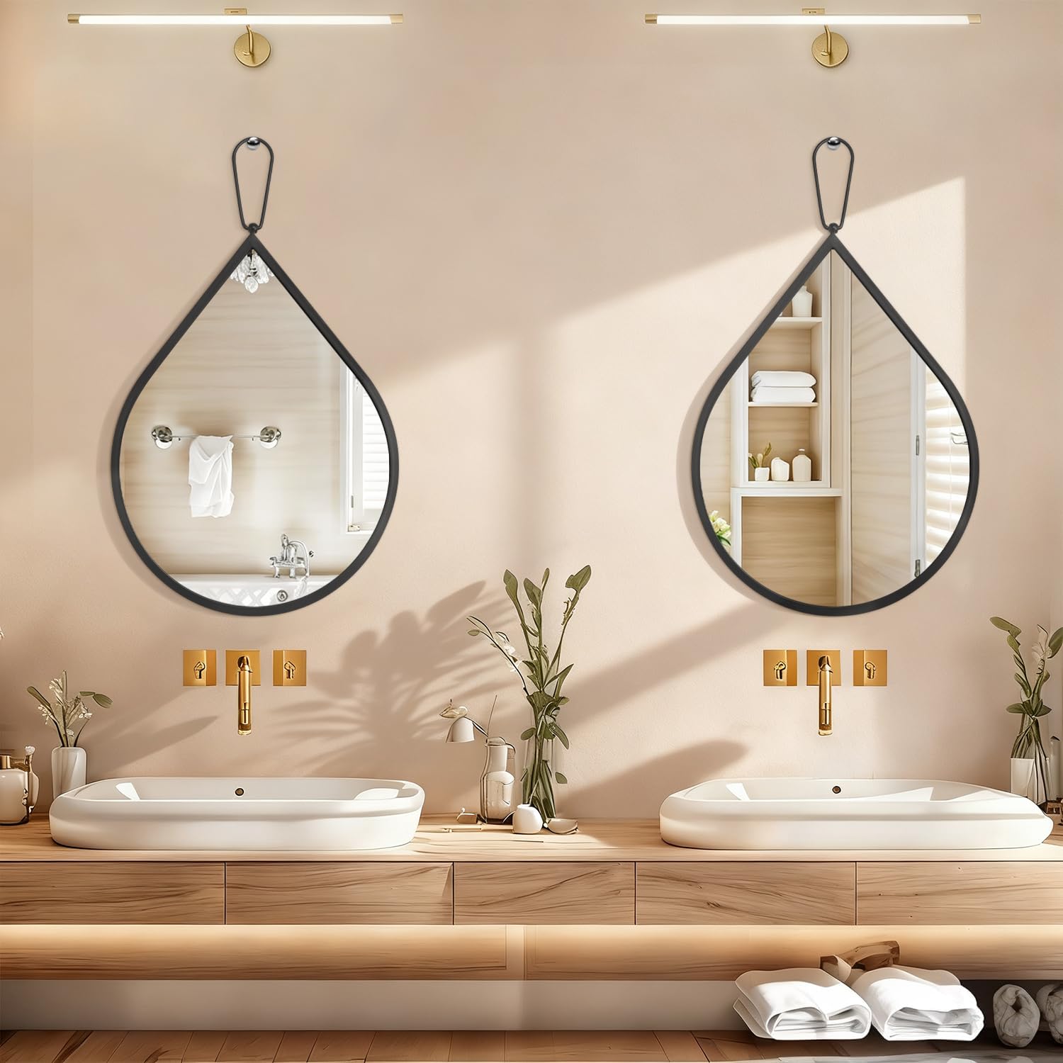 Espejo de pared con marco de metal grueso, espejo colgante de lágrima negra, espejos decorativos modernos para baño, sala de estar, entrada, pasillo, pequeño