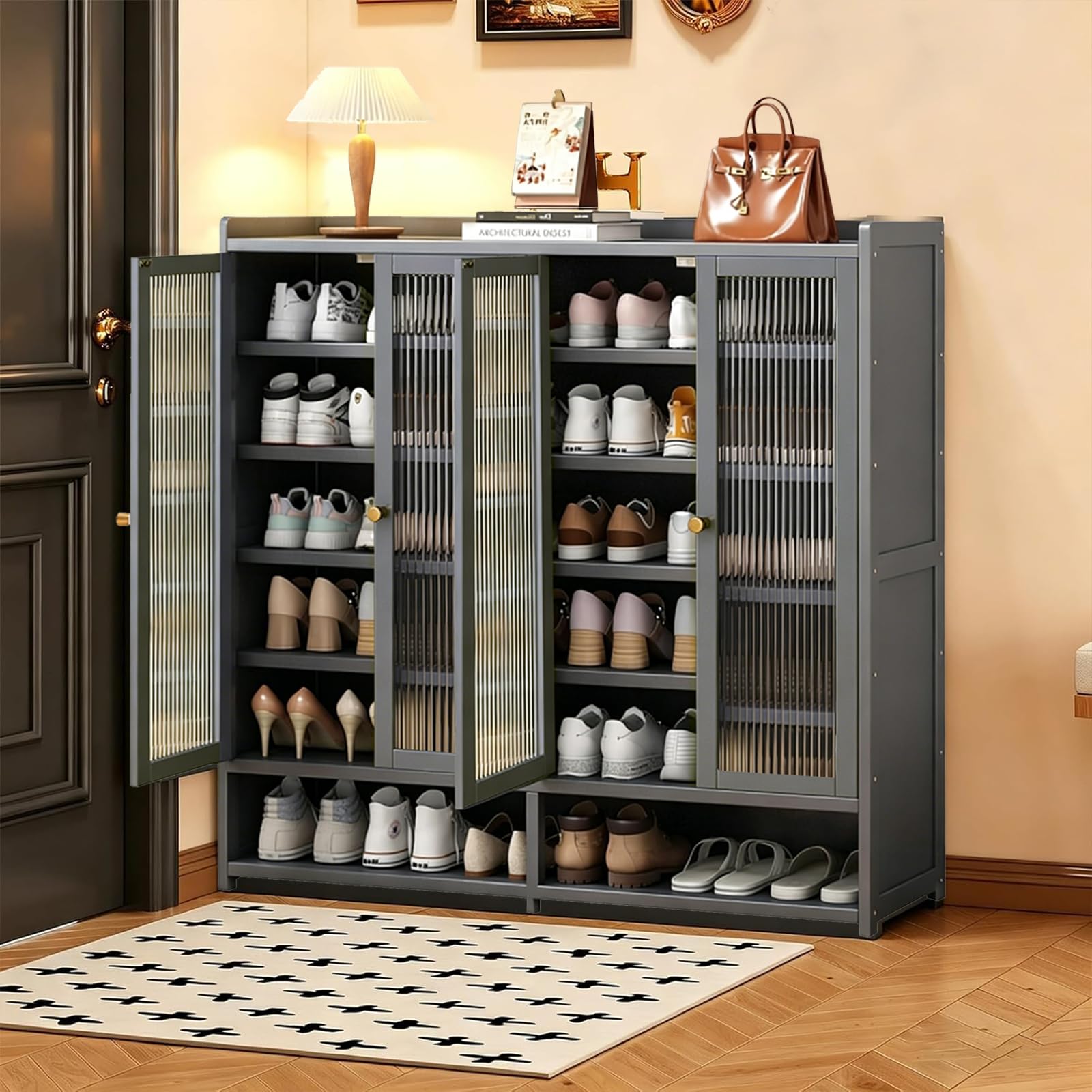 Cvvovilx 7-Tier Freestanding Bamboo Shoe Cabinet with Acrylic Door, Tall Shoe Storage Rack for Entryway, Hallway & Living Room
