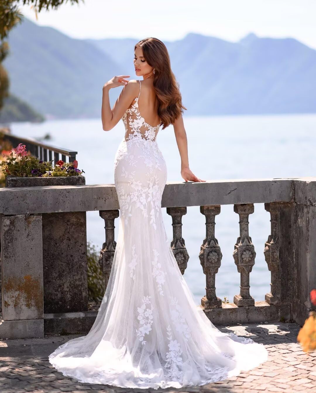 Damen Boho Meerjungfrau Brautkleider Lang Korsett Spitzenapplikationen Hochzeitskleid Mit Schleppe