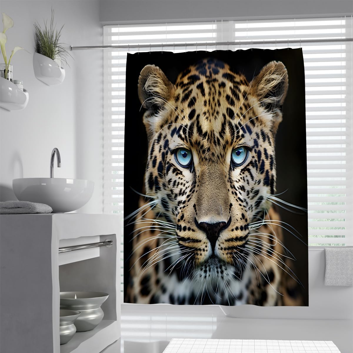 Exotic Big Cat Design Shower Curtain Leopard Portrait Blue Eyes Wildlife Art Bath Curtains for Bathroom Decor Waterproof Polyester 180 x 200 cm