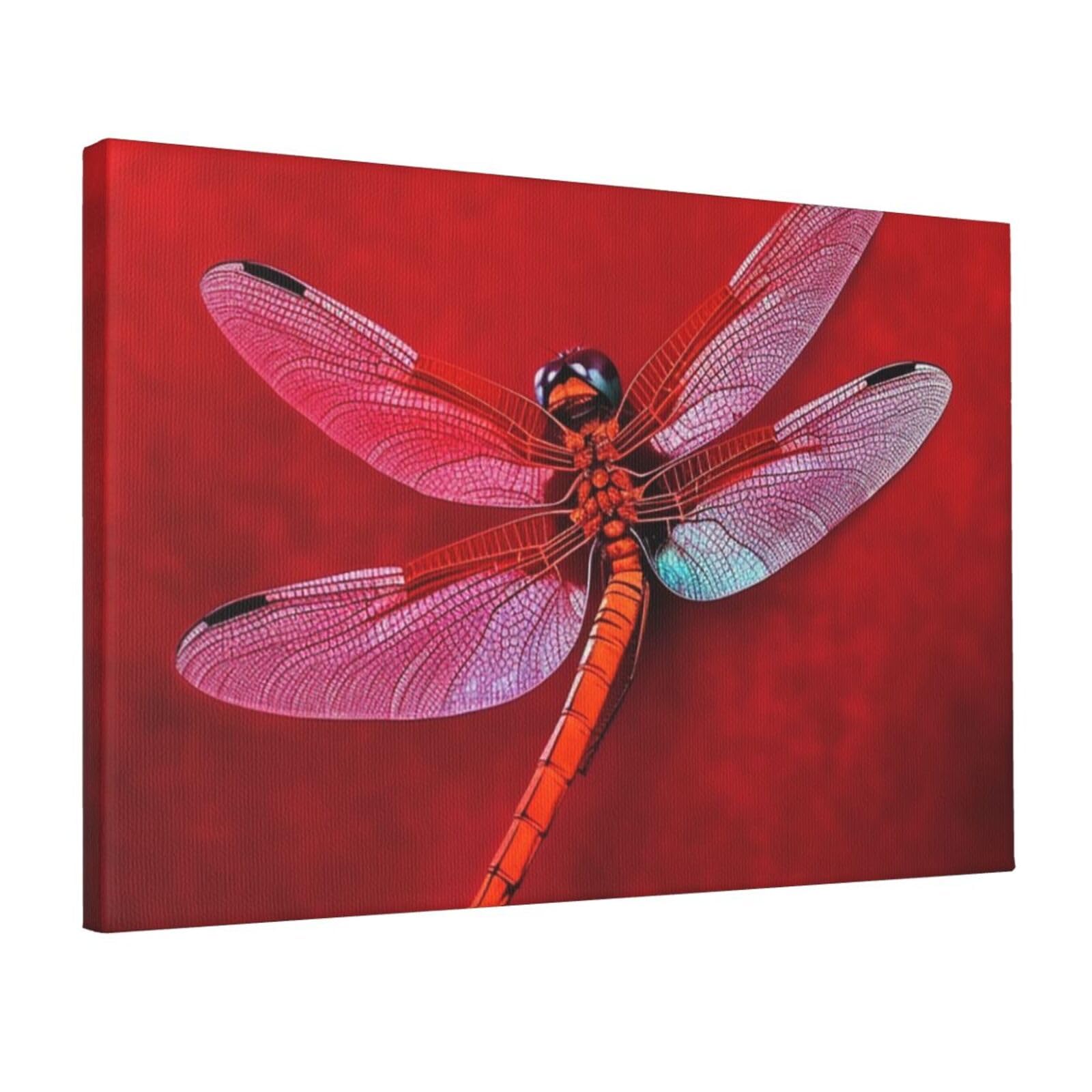 Canvas Wall Art for Living Room Wall Decor 12"x18" Modern Artwork Painting Pictures Hanging Canvas Prints Dragonfly on Red Background Aesthetic Wall Art for Bedroom Bathroom Office Wallart Decor