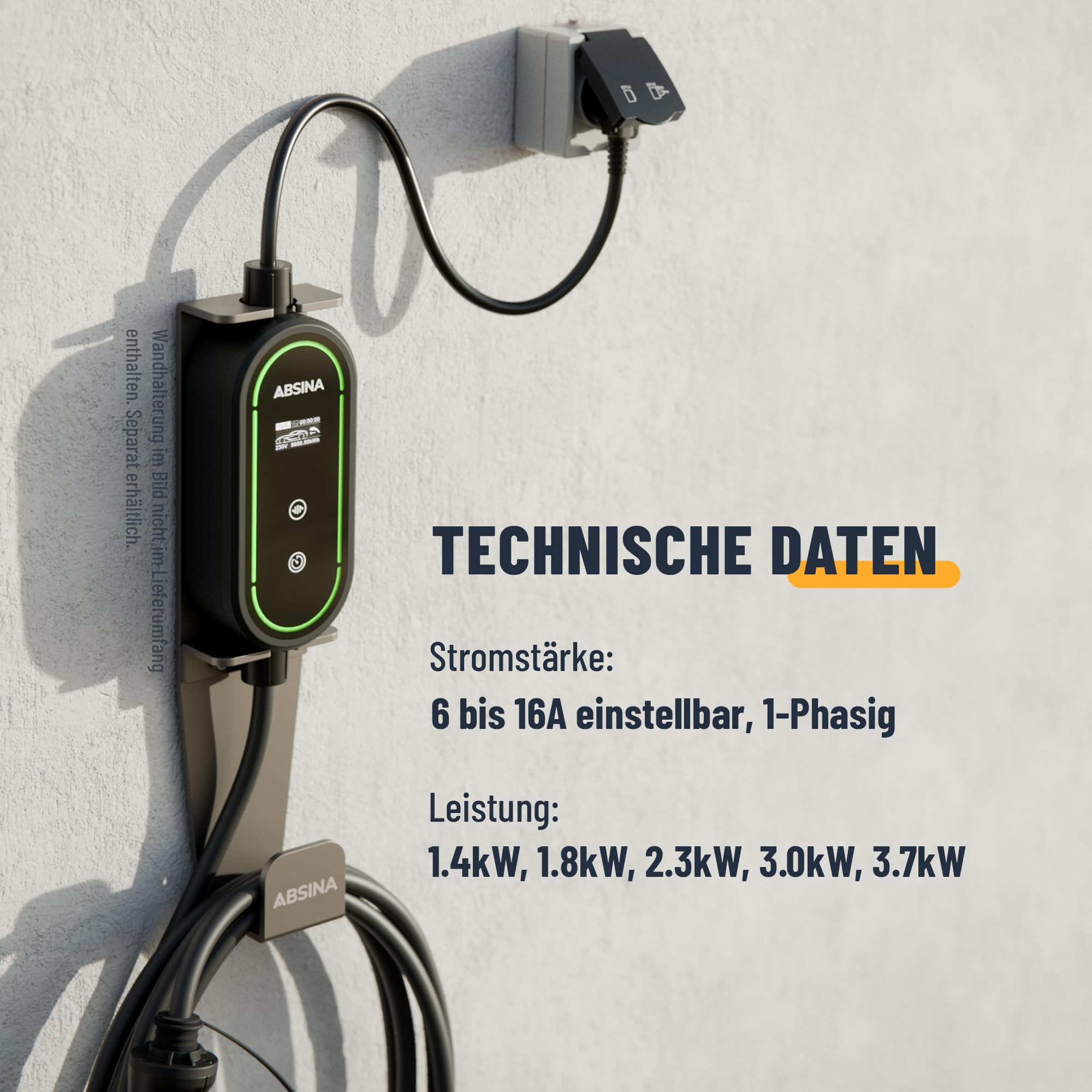 ABSINA Typ 2 Ladekabel Schuko mit Einstellbarer Ladeleistung - ICCB Ladekabel 3,7kW 16A 1 phasig IP67 mit 6,40 m Kabel - Ladekabel Schuko auf Typ 2 für i3, e-Up, ID.3, ID.4, Zoe, fortwo, Kona UVM