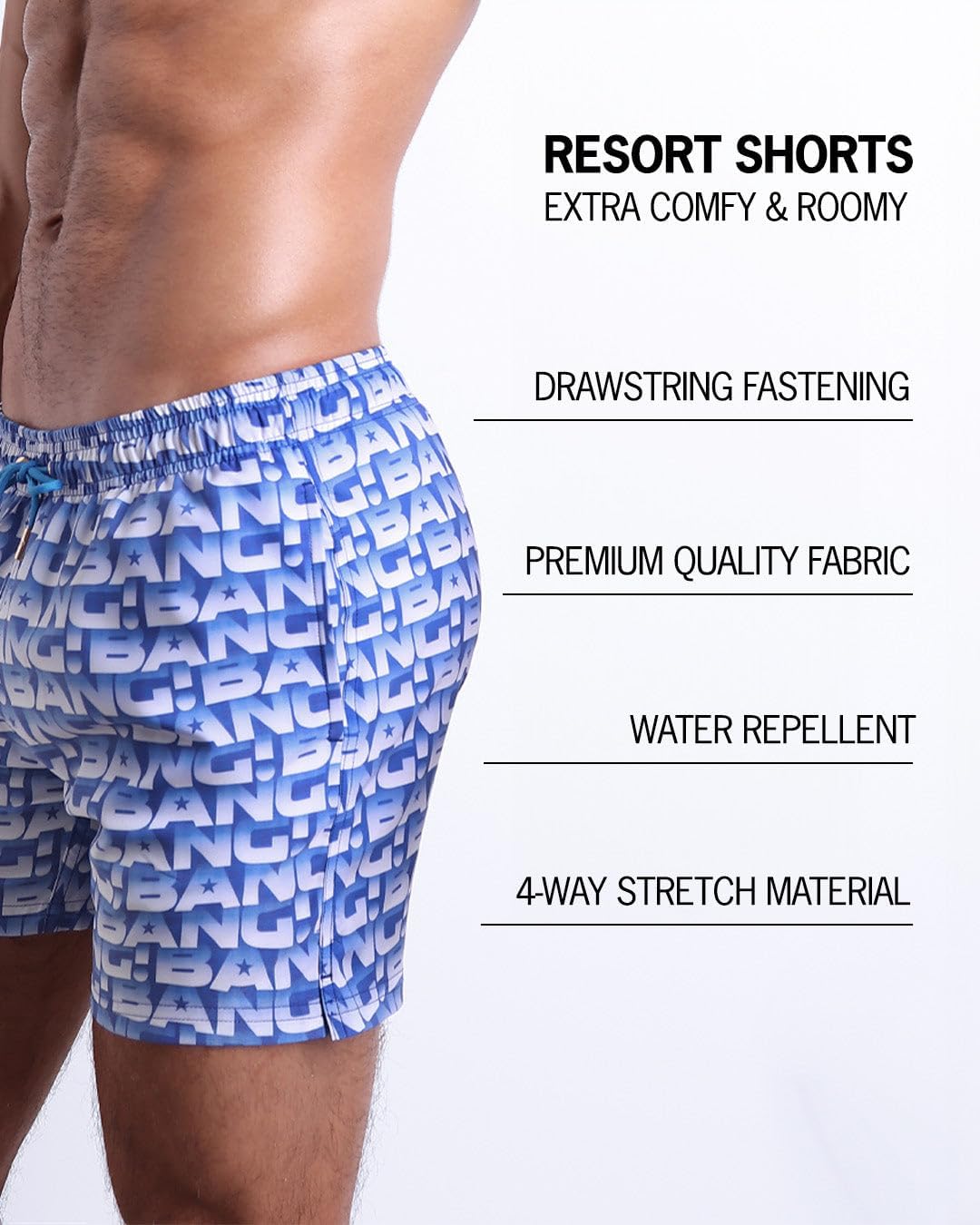 Bang Men's Swimwear - Resort Shorts - Stretchy Boardshorts Elasticated Waitsband Beach Wear
