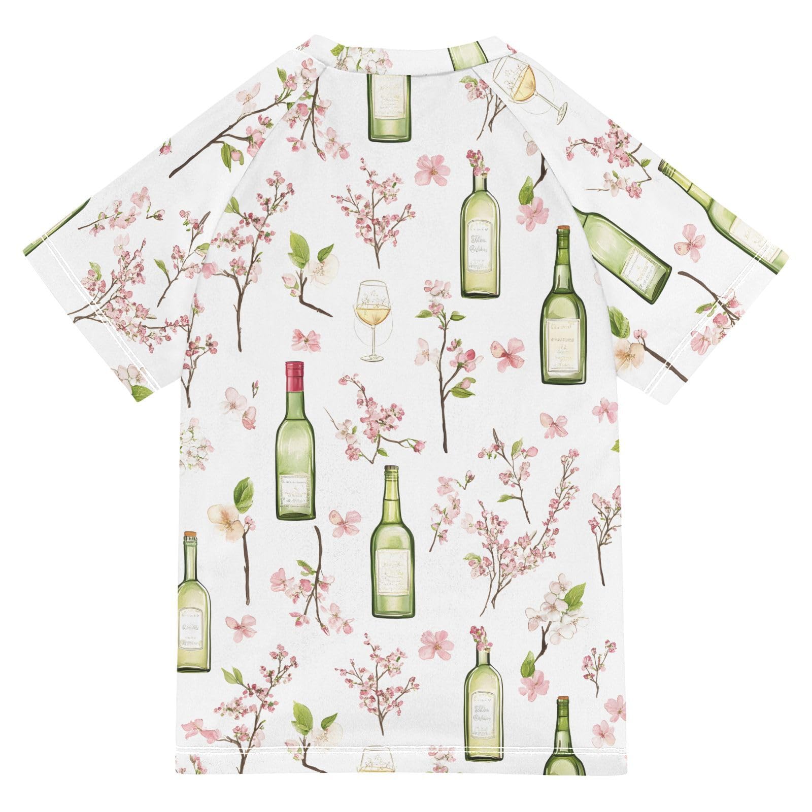 ALAZA Kids Rash Guard Toddler Swim Shirt Boy Girls Wine Bottle Pink Flowers UPF 50+ Short Sleeve 4T