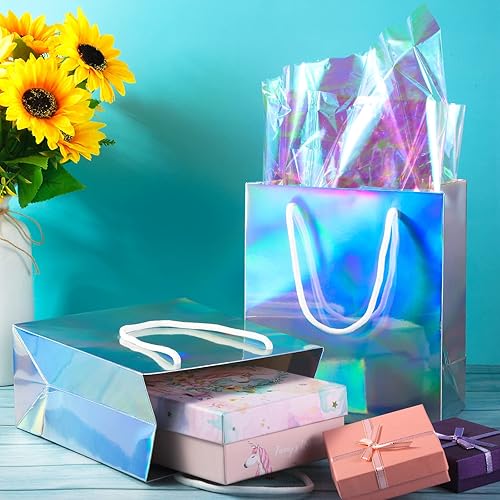 Miniatura 6 de 12 bolsas de regalo iridiscentes holográficas con asas y 20 hojas de celofán de película transparente brillante arcoíris para envolver suministros