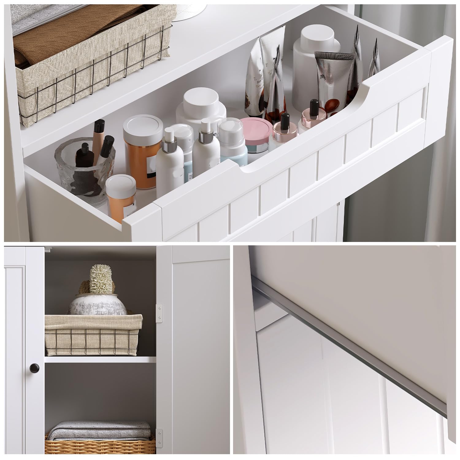 Mueble de baño, Mueble de baño con 1 Estante Abierto, 1 cajón y 1 Estante Ajustable, para baño, salón, Comedor, 60 x 30 x 170 cm (Blanco)