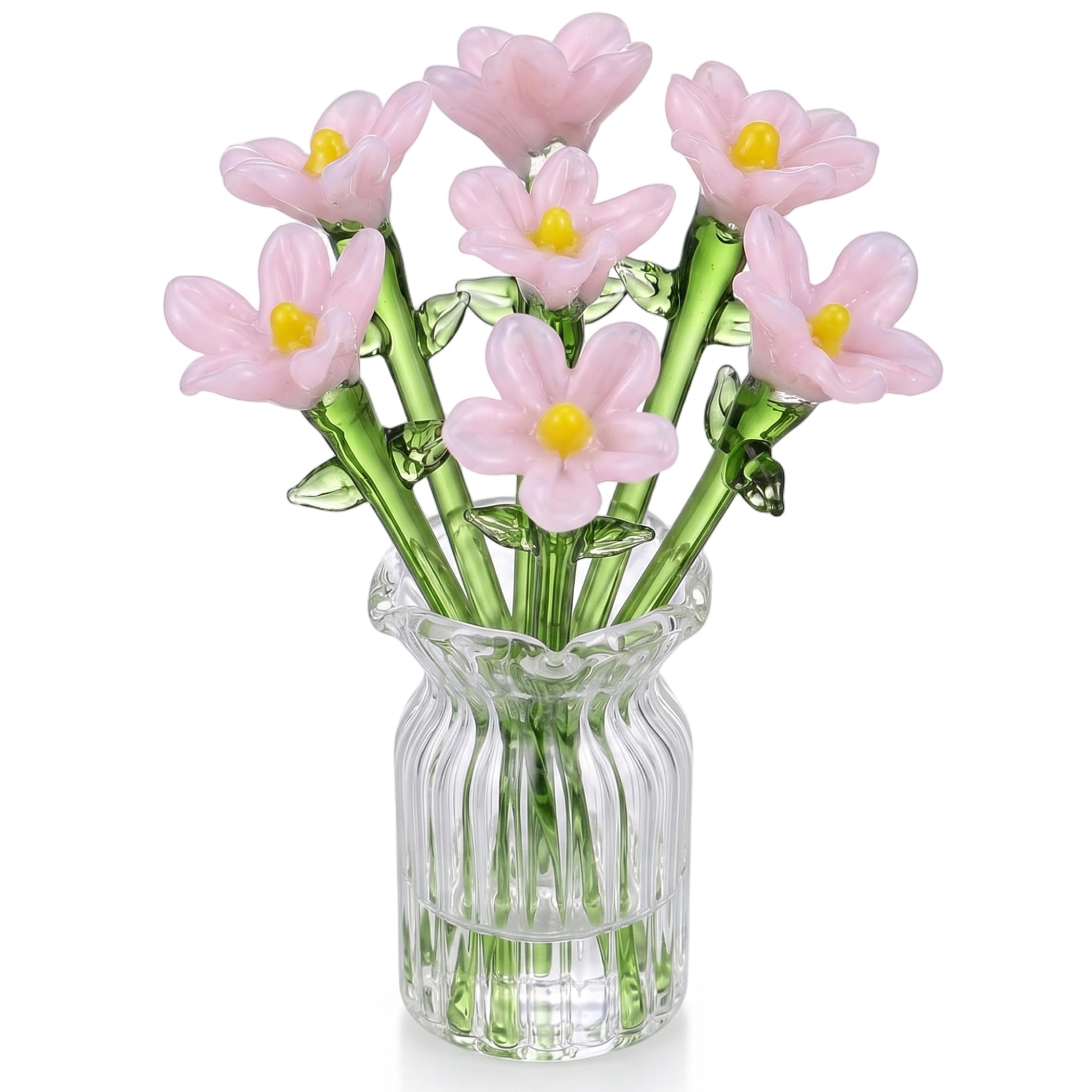 Ngbbby 7-piece Mini Glass Flowers, Handcrafted Mini Glass Flowers In Vase With Stems, Desktop Decor