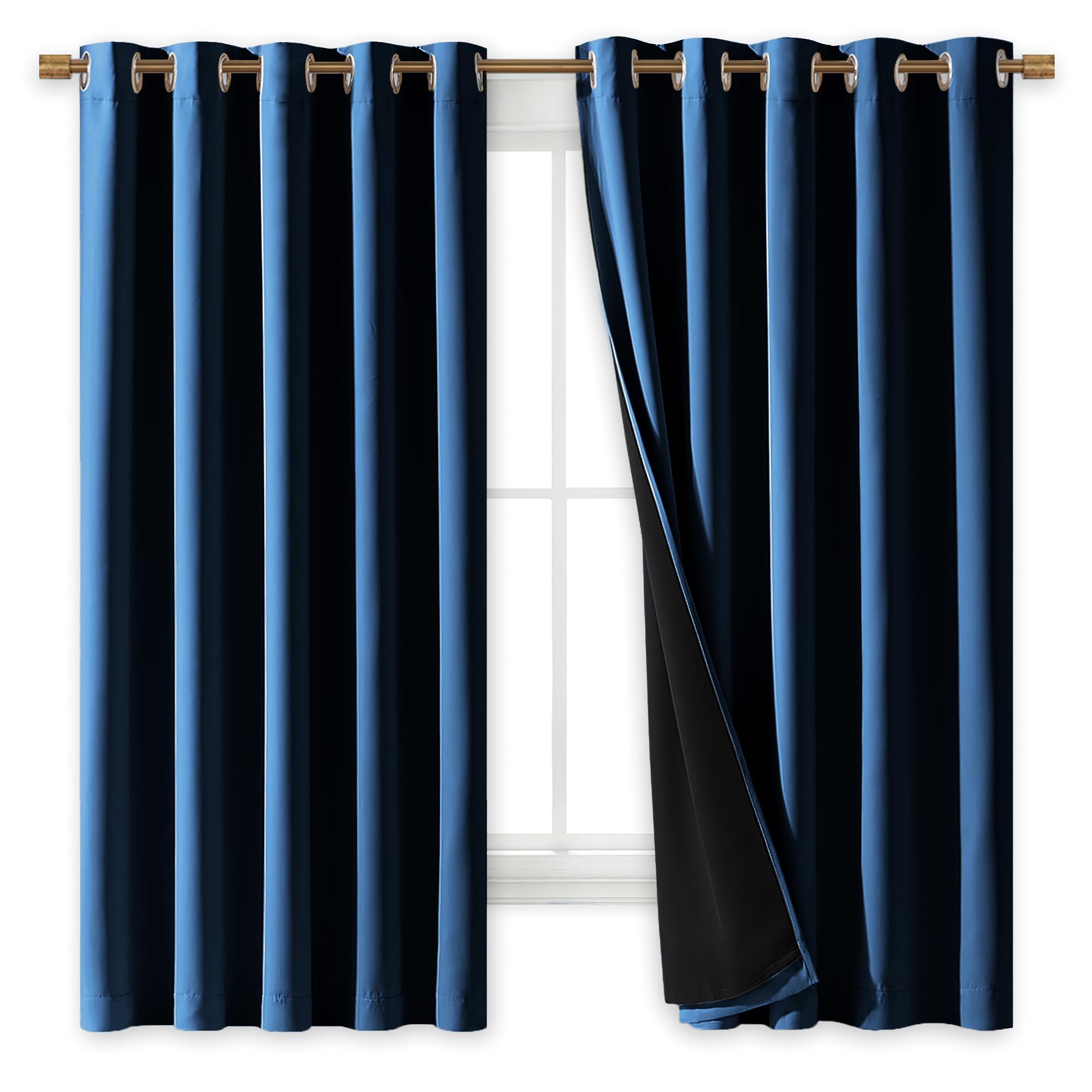NICETOWN 100% Blackout Curtains with Black Liners, Thermal Insulated Full Blackout 2-Layer Lined Drapes, Energy Efficiency Window Draperies for Bedroom (Moroccan Blue, 2 Panels, 70" W by 63" L)