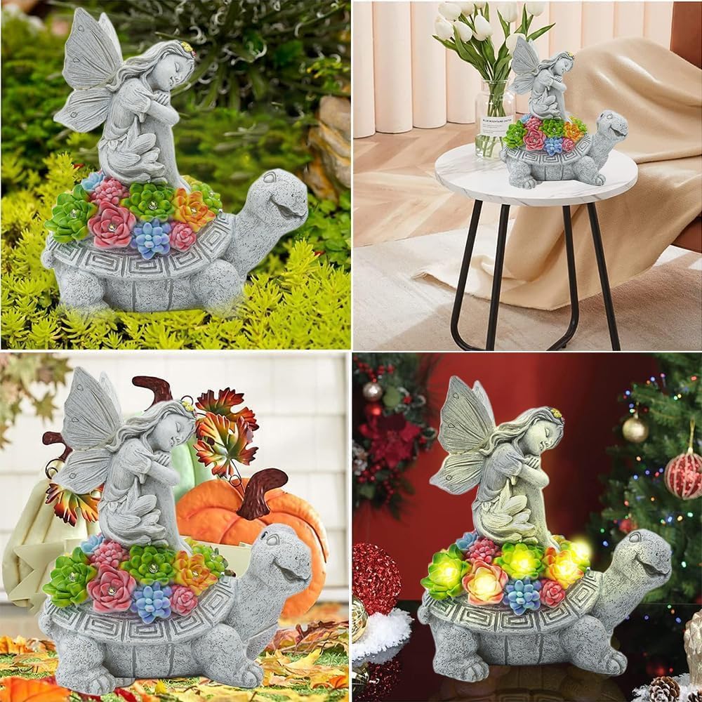 Solar Angel Garden Statue，Solar Garden Statue Angel and Turtle,Figurines Outdoor Decor,Outdoor Solar Statue with LED Lights for Yard,Patio,Lawn Art Decoration,Housewarming Gift