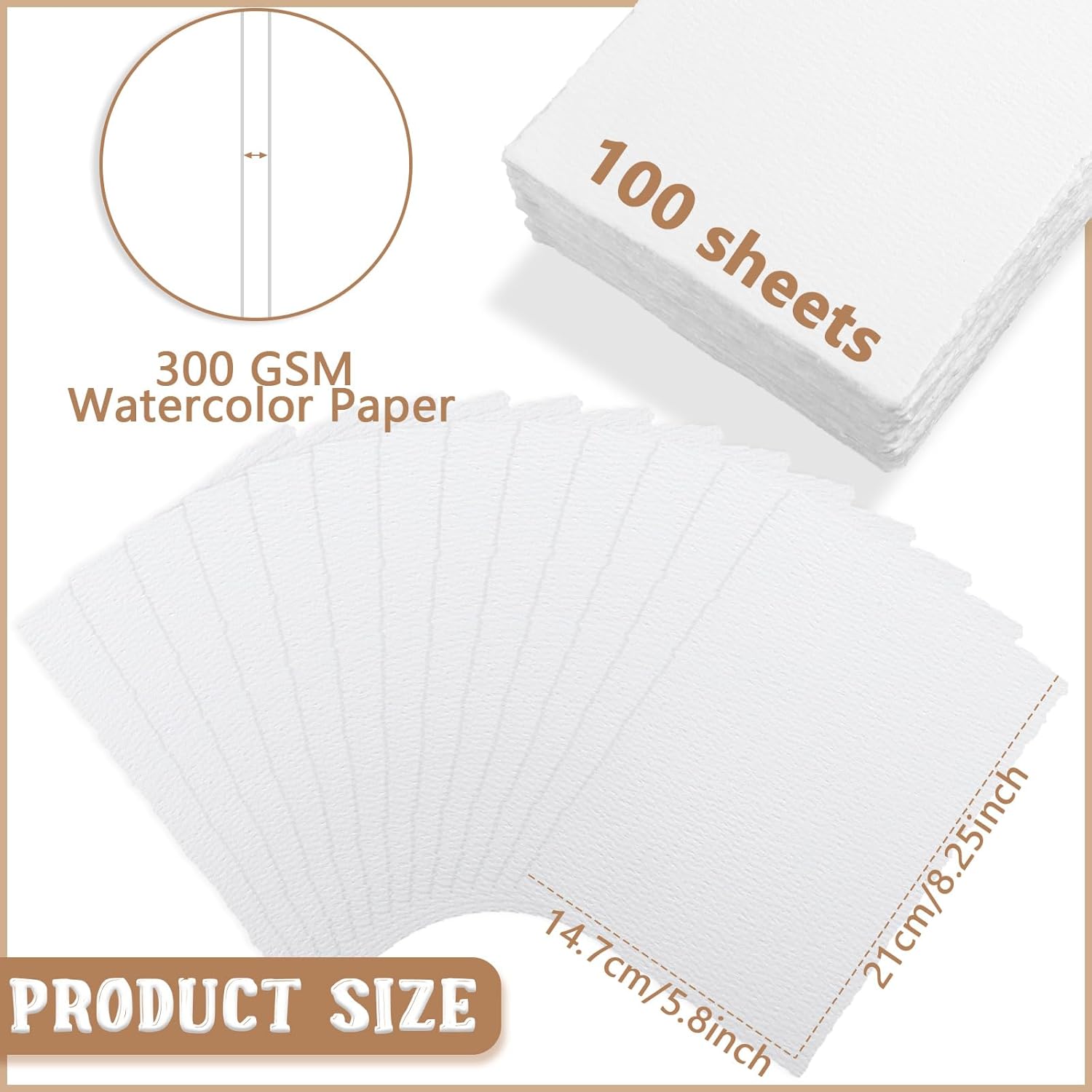 Panelee 100 Sheets 300 GSM Handmade Watercolor Paper Bulk with Deckled Edge 5.8 x 8.25 Inch Textured Cotton White Blank Thick Paper for Wedding Invitations Crafts Watercolor Greeting Cards