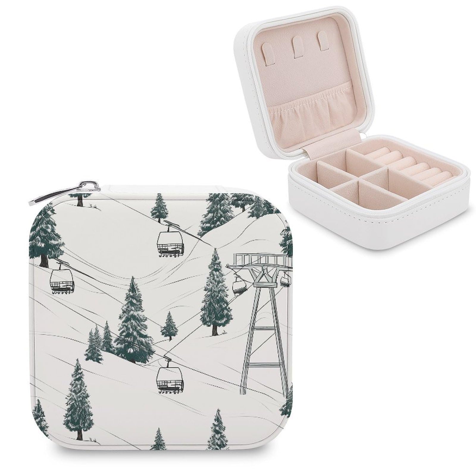 MUSM Ski Lift With Fir Tree Travel Jewelry Case Personalized PU Leather Jewelry Boxes for Women Small Portable Jewelry Organizer Box Cute Trinket Box for Necklaces Rings Earrings & Gifts