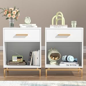 White Nightstand Set of 2, Farmhouse Modern Night Stand with Drawer and Open Shelf, Wood Bedside Table with Metal Legs, End Side Table for Bedroom, Dorm, Small Spaces