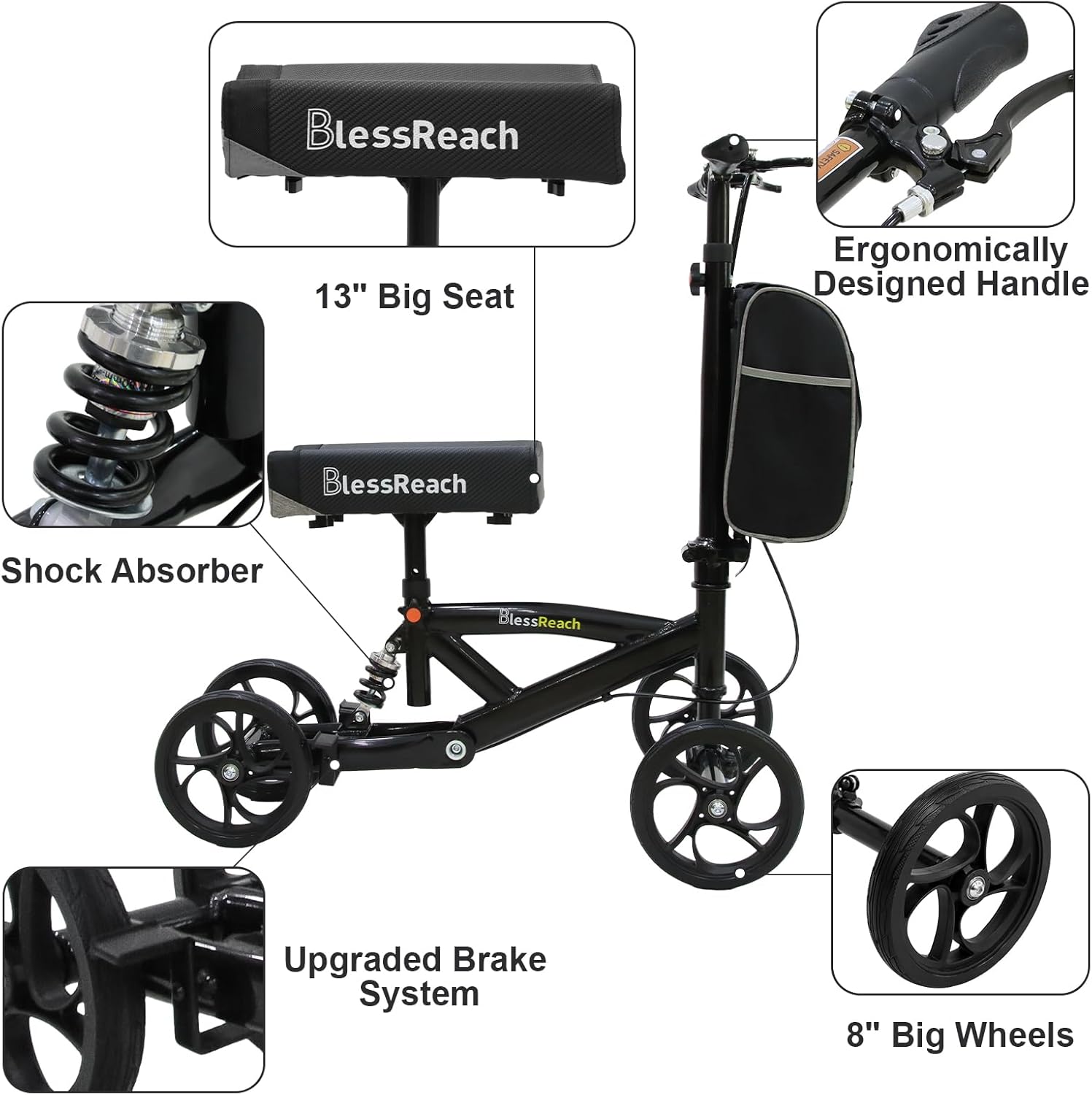 Steerable Knee Walker Deluxe Medical Scooter for Foot Injuries Compact Crutches, with Dual Rear on-Wheel Brake and Shock Absorption Under The Knee pad, Black