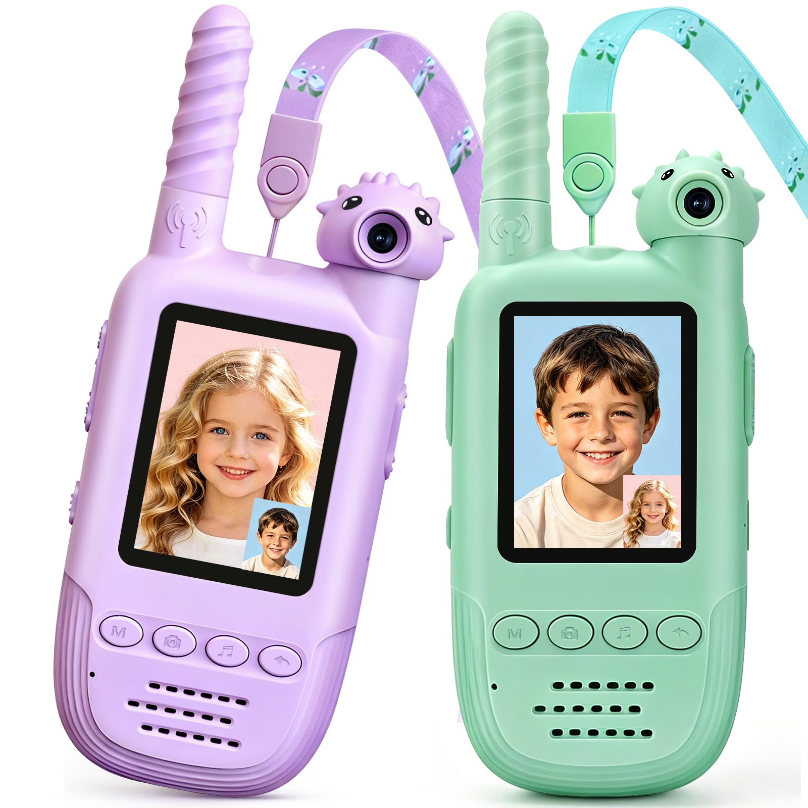 Talkie-Walkie Vidéo pour Enfants 2 Pack, Rechargeable Talkies-Walkies, Caméra Rotative 180°, 6 Effets Vocaux & 10 Sonneries, Idéal Camping Voyage Randonnée, Cadeau Garçons Filles 3-12 Ans