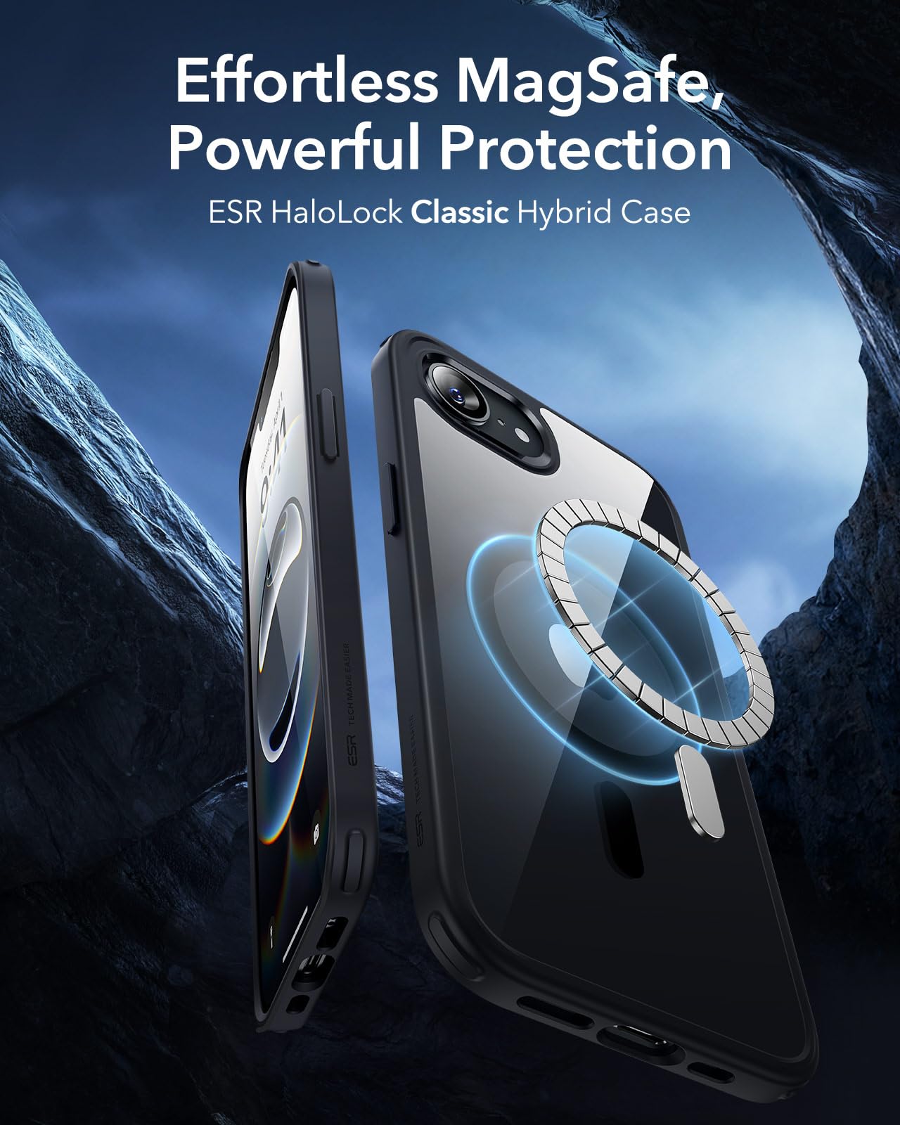 ESR Cover per iPhone 16e, compatibile con MagSafe, Protezione di livello militare, Resistente all'ingiallimento, Retro resistente ai graffi, Custodia magnetica, Serie Classic, Nero Trasparente