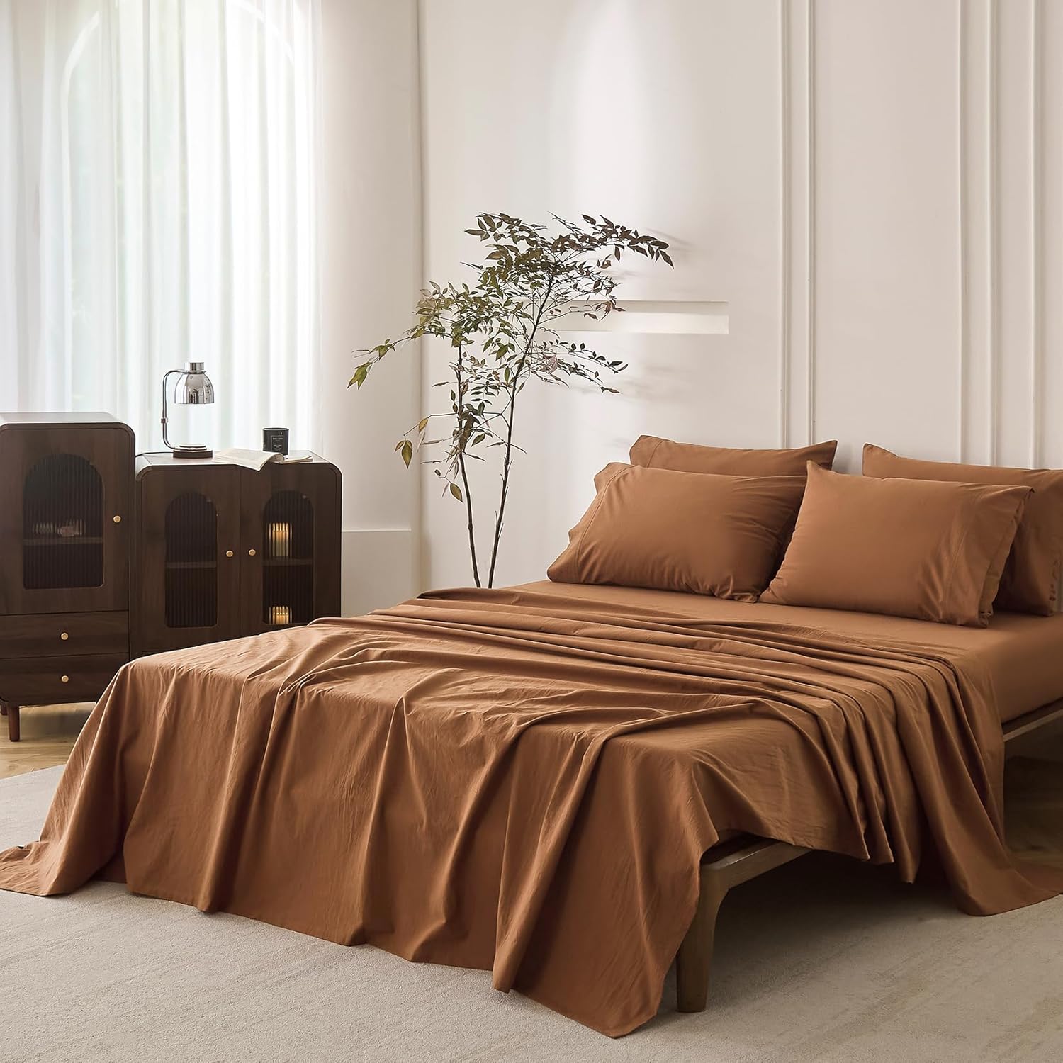 BDEAR 6PS Deep Orange King Size Bedding Sets Linen Like Cotton Bed Set Oeko-TEX Standard 100% Washed Cotton Deep Pocket King Size Fitted Sheet Plus Cozy Flat Sheet and 4 Pillowcases