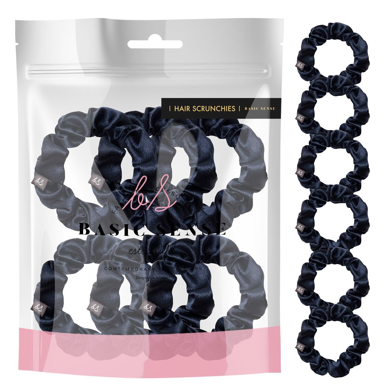 Basic Sense Skinny Satin Hair Scrunchies for Fine Hair Snag-Free, Strong Hold, A set of 6pcs, Navy, 1 count (Pack of 6)